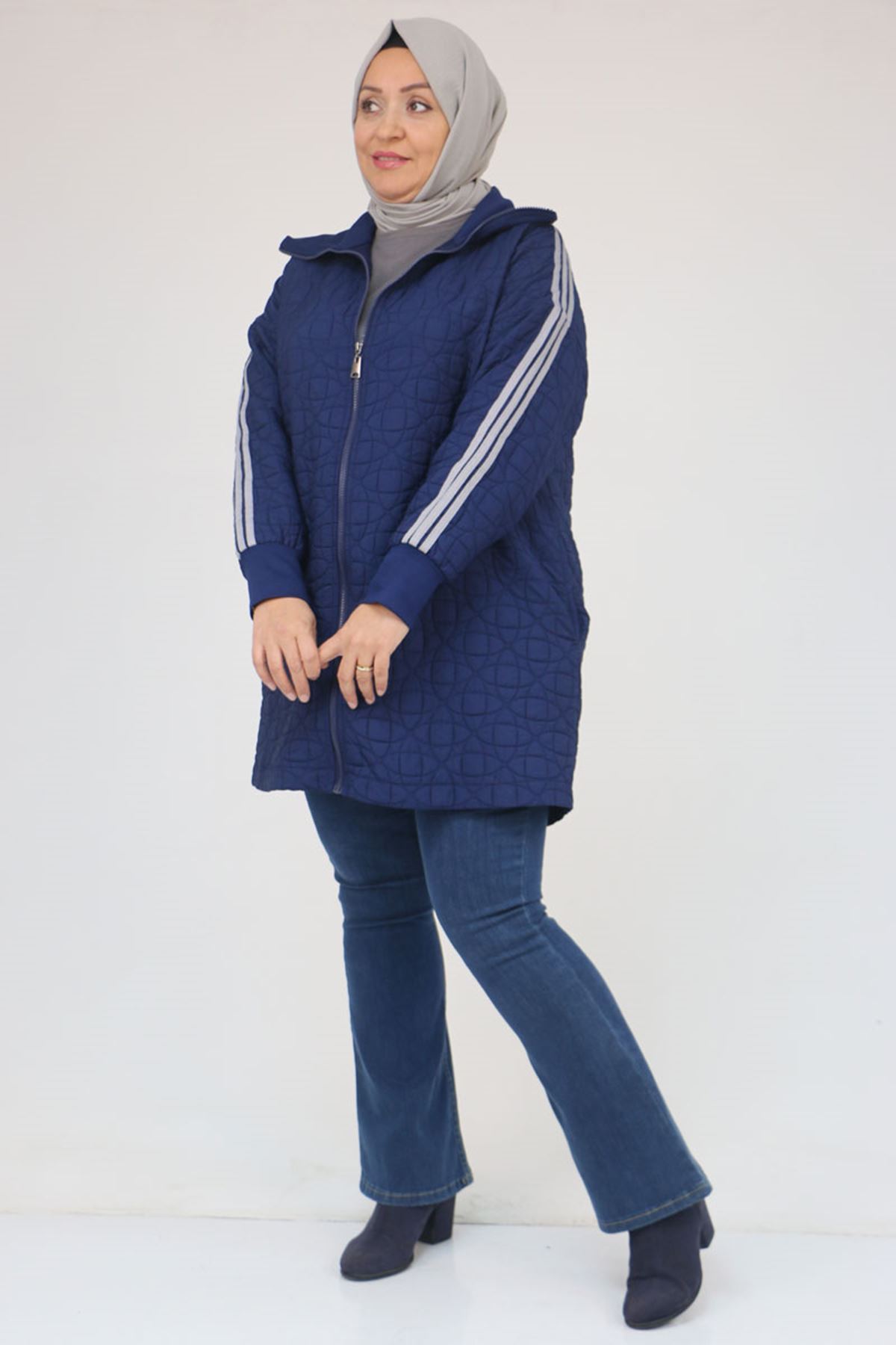 53060 Büyük Beden Omuzdan Şeritli Kapitone Fermuarlı Ceket - İndigo-Gri