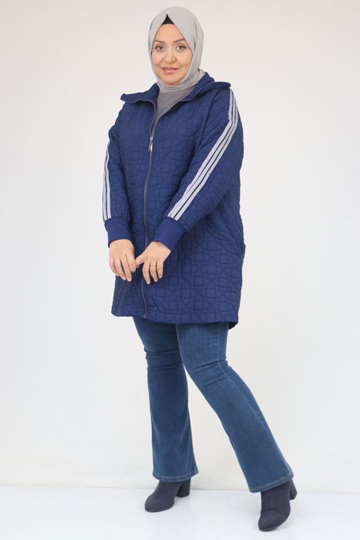 53060 Büyük Beden Omuzdan Şeritli Kapitone Fermuarlı Ceket - İndigo-Gri