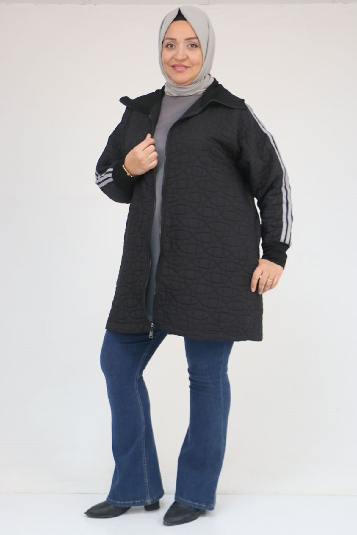 53060 Büyük Beden Omuzdan Şeritli Kapitone Fermuarlı Ceket - Siyah-Gri