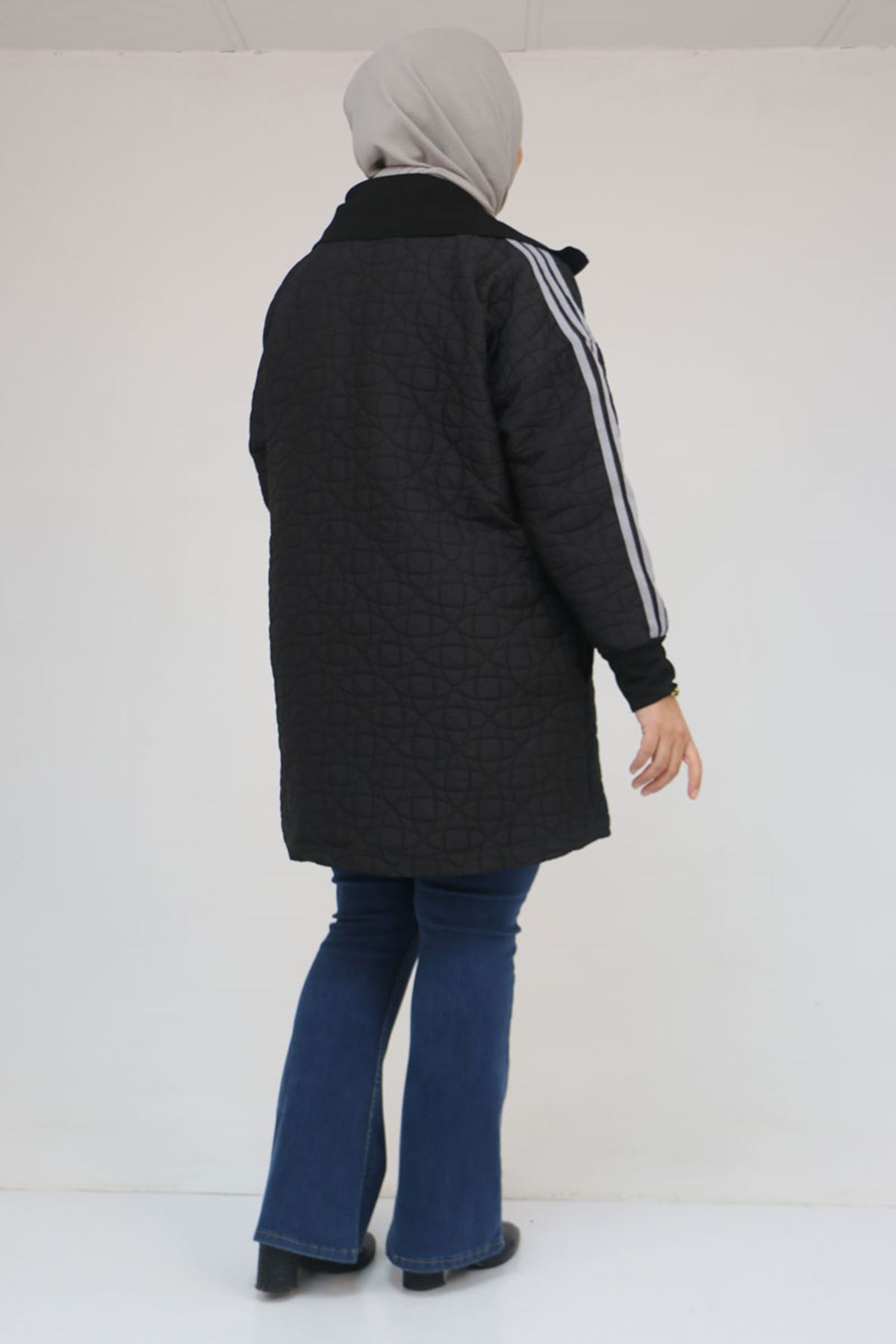 53060 Büyük Beden Omuzdan Şeritli Kapitone Fermuarlı Ceket - Siyah-Gri