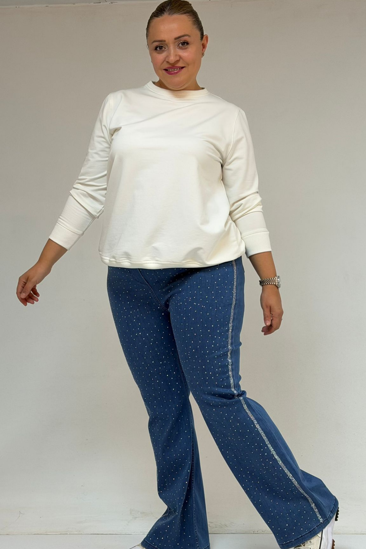 59038 Büyük Beden İspanyol Paça Taş Baskı Detaylı Kot Pantolon - Mavi