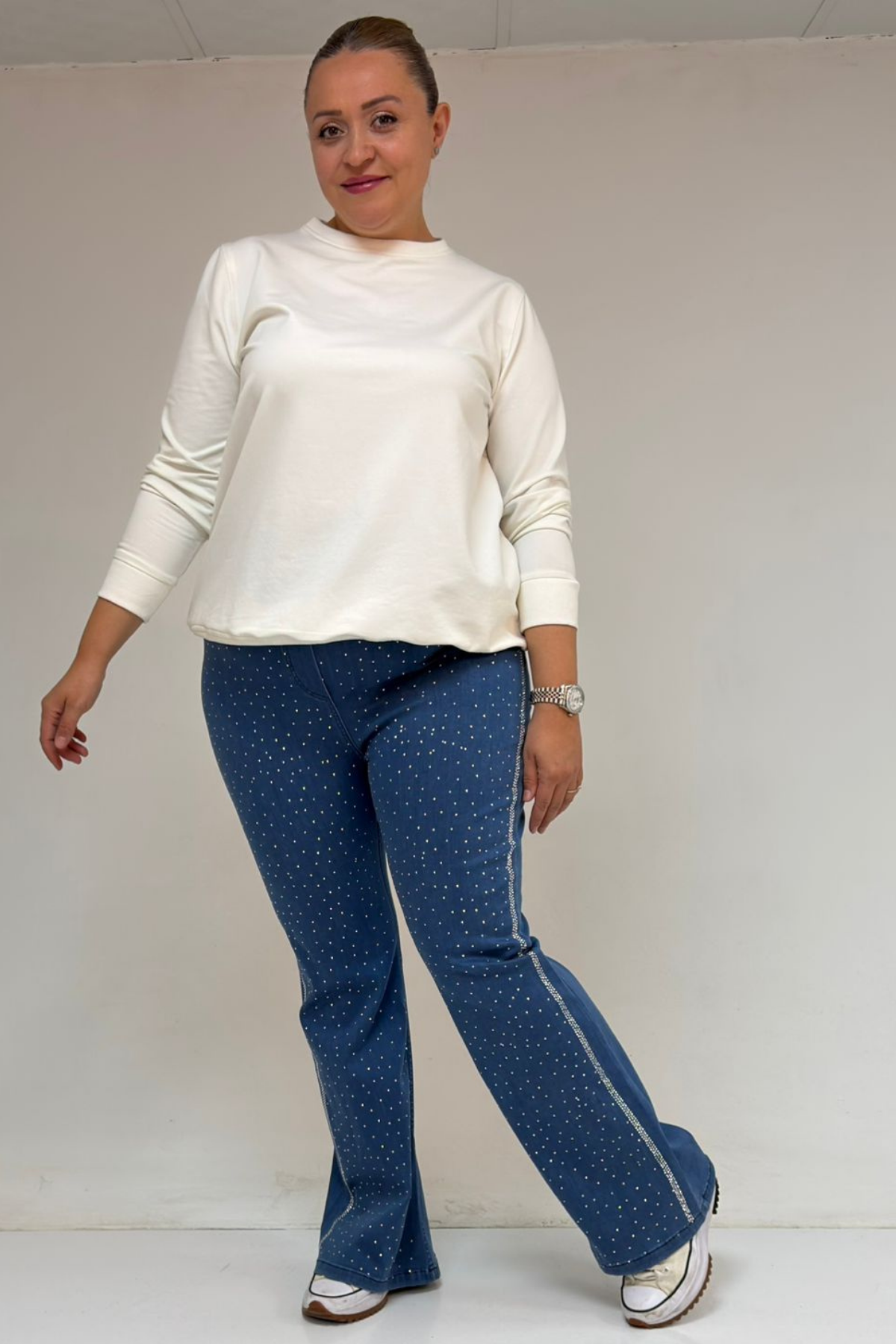 59038 Büyük Beden İspanyol Paça Taş Baskı Detaylı Kot Pantolon - Mavi