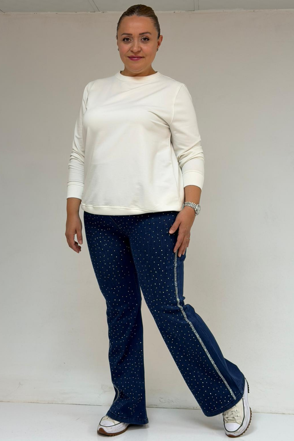 59038 Büyük Beden İspanyol  Paça Taş Baskı Detaylı Kot Pantolon - Lacivert