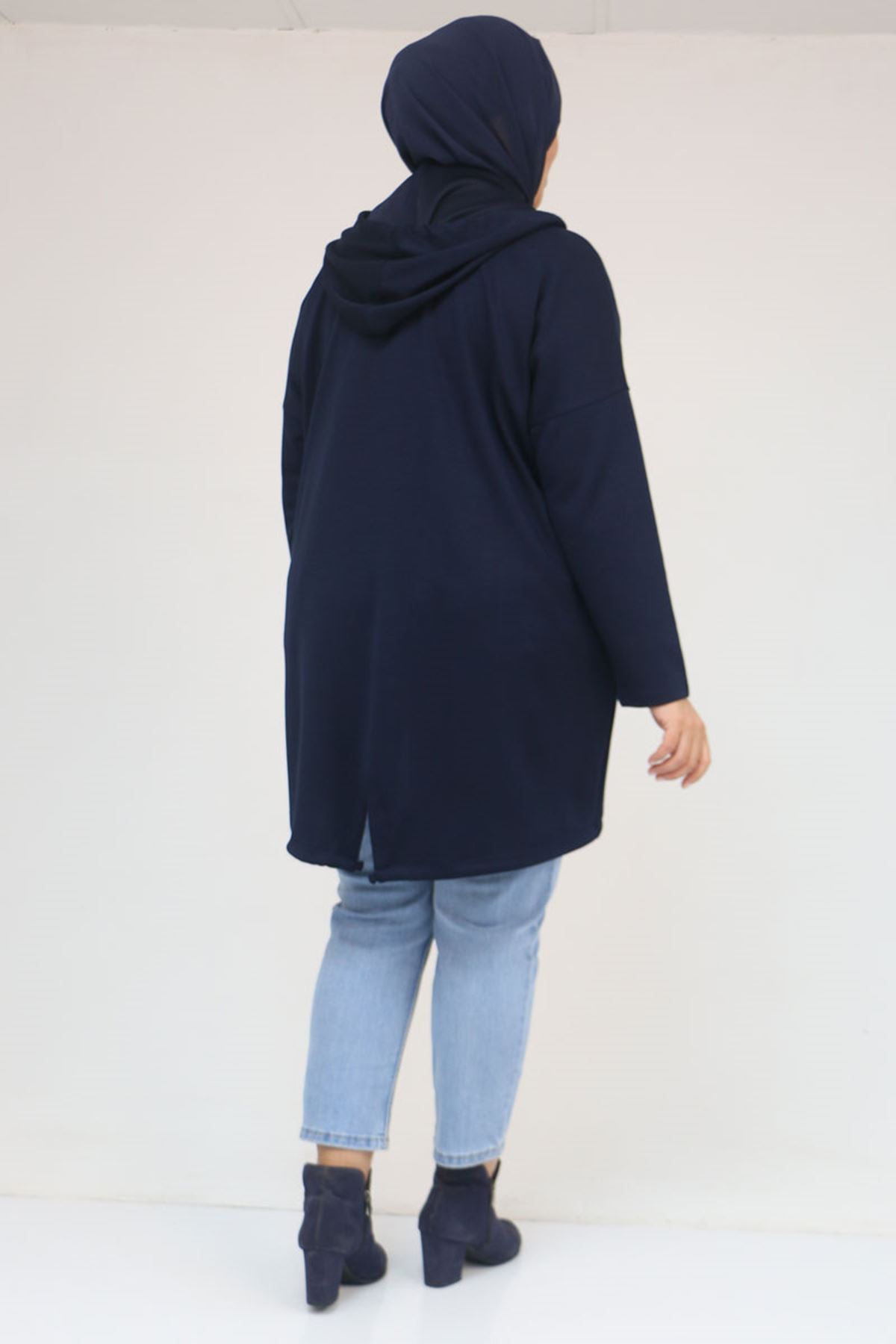 53053 Büyük Beden Eteği Oval Kesim Modal Ceket - Lacivert