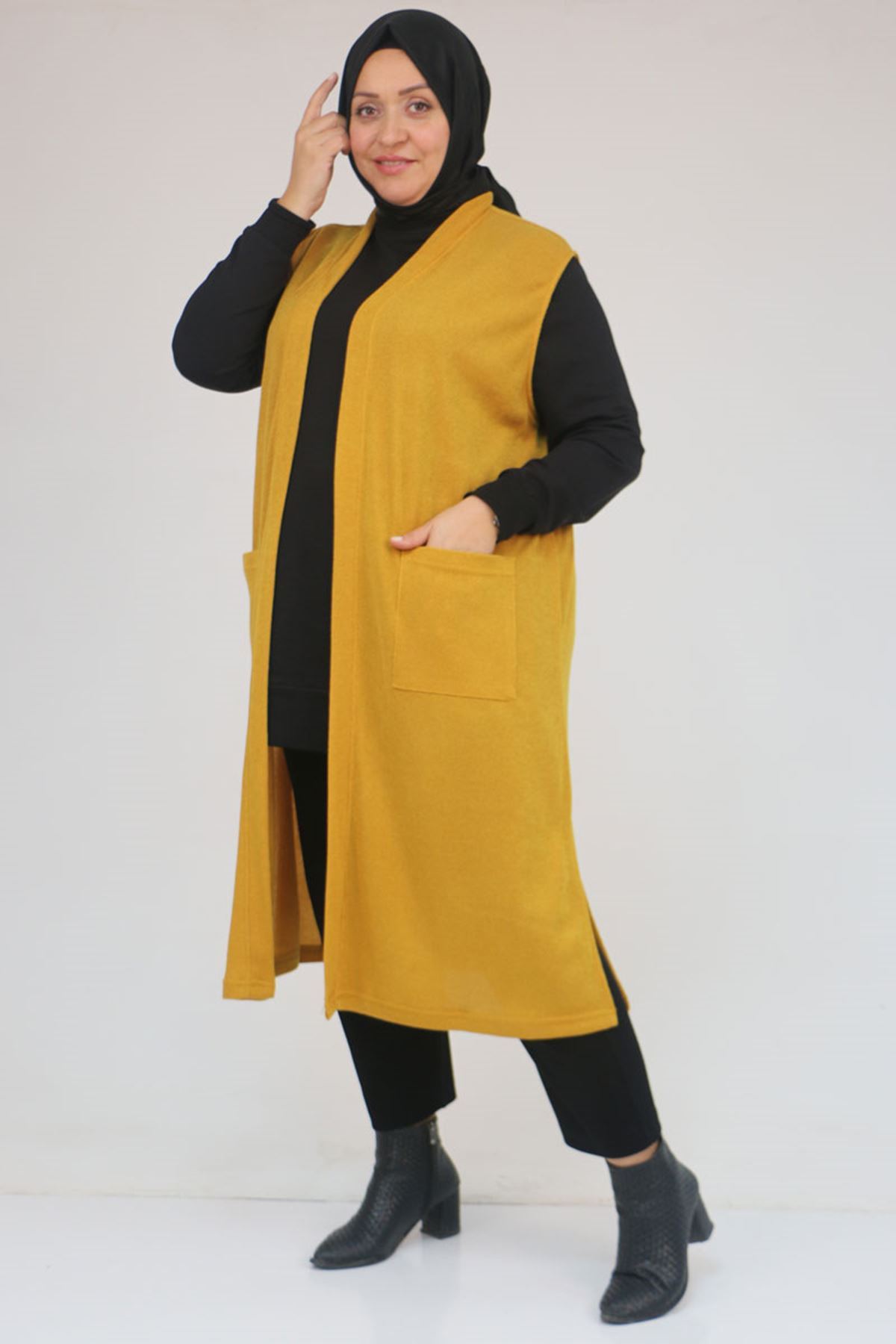 54012 Büyük Beden Cepli Giy-Çık Mir Yelek - Hardal