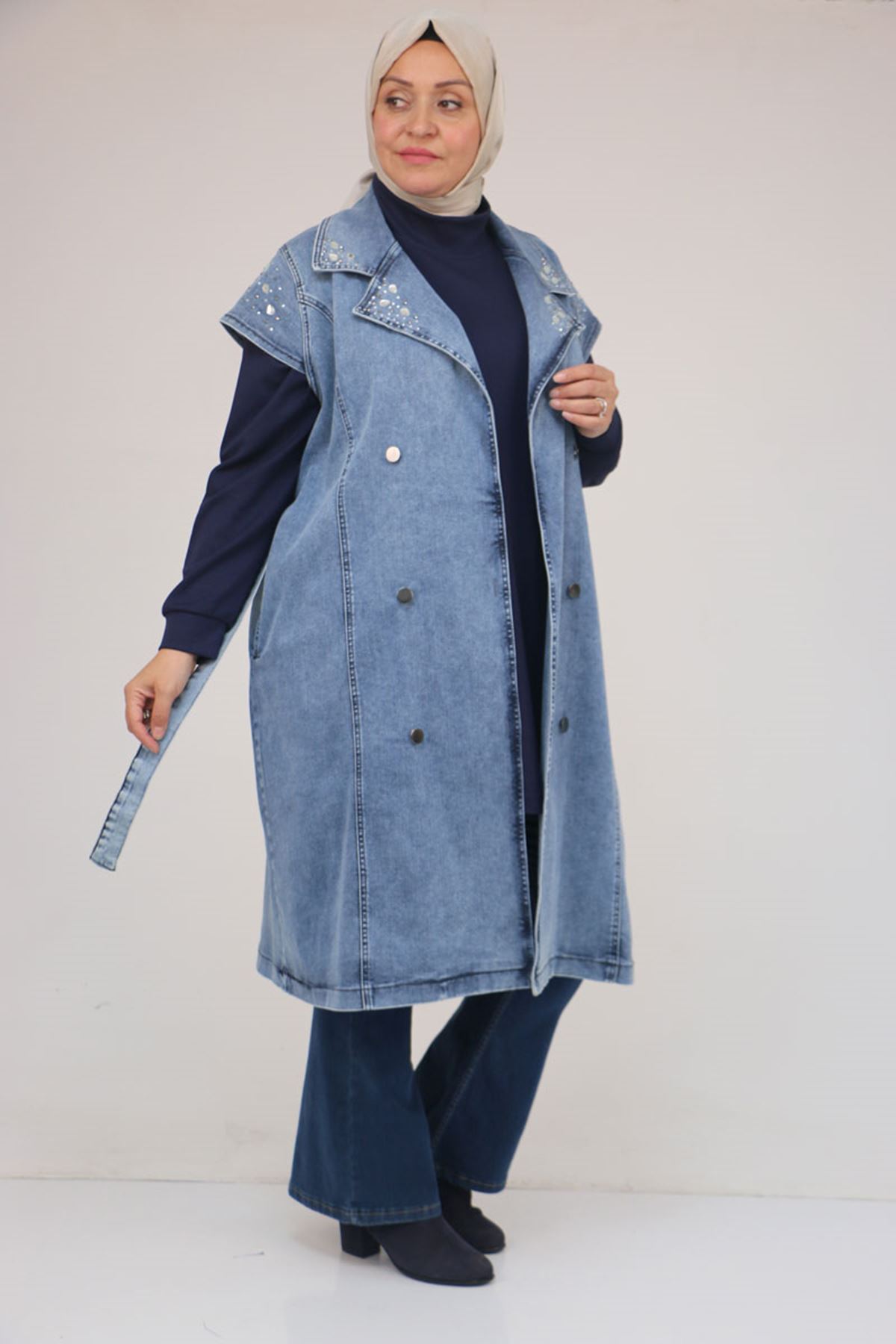 44010 Büyük Beden Yaka Ve Omzu Taş Detaylı Kot Yelek - Mavi