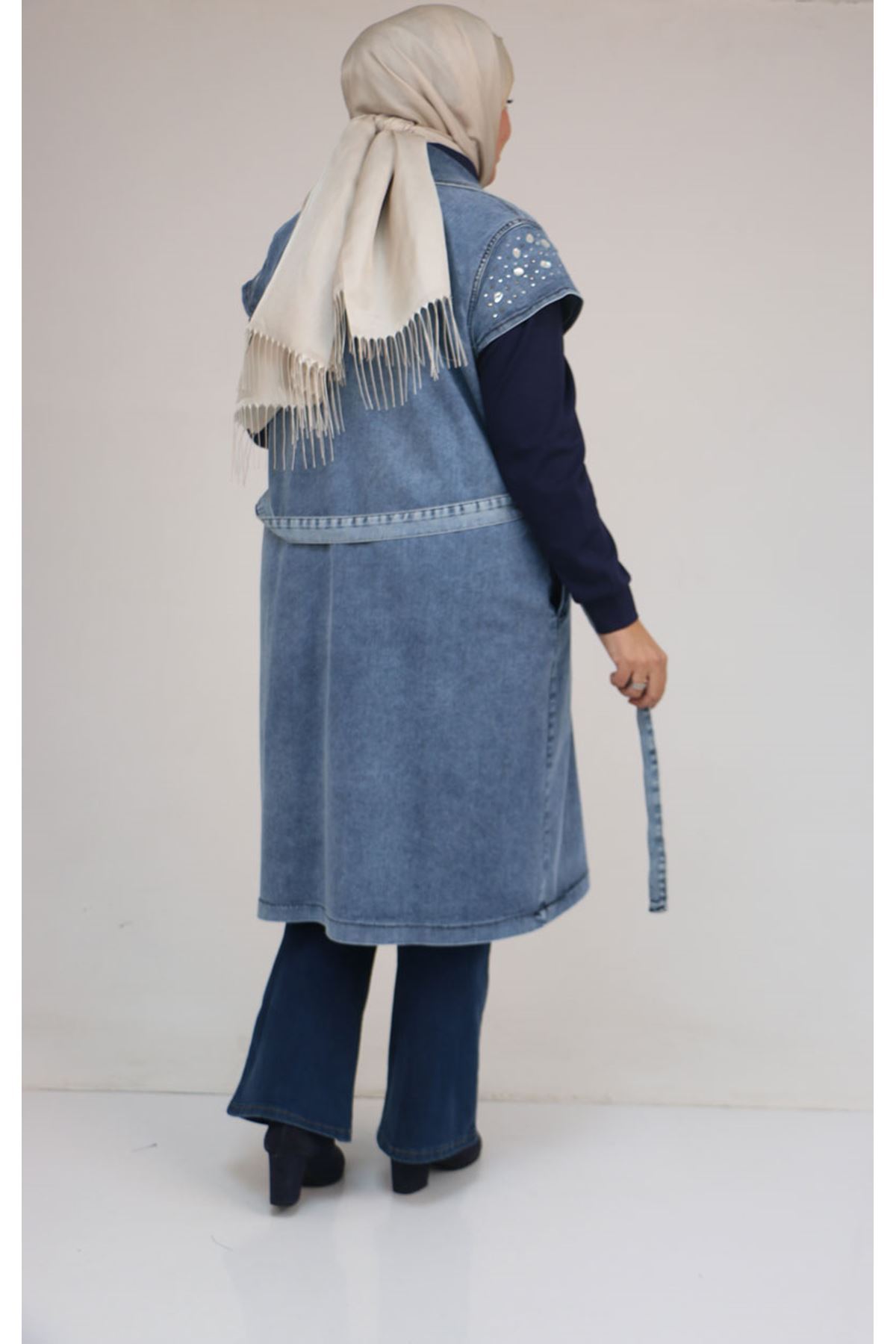 44010 Büyük Beden Yaka Ve Omzu Taş Detaylı Kot Yelek - Mavi