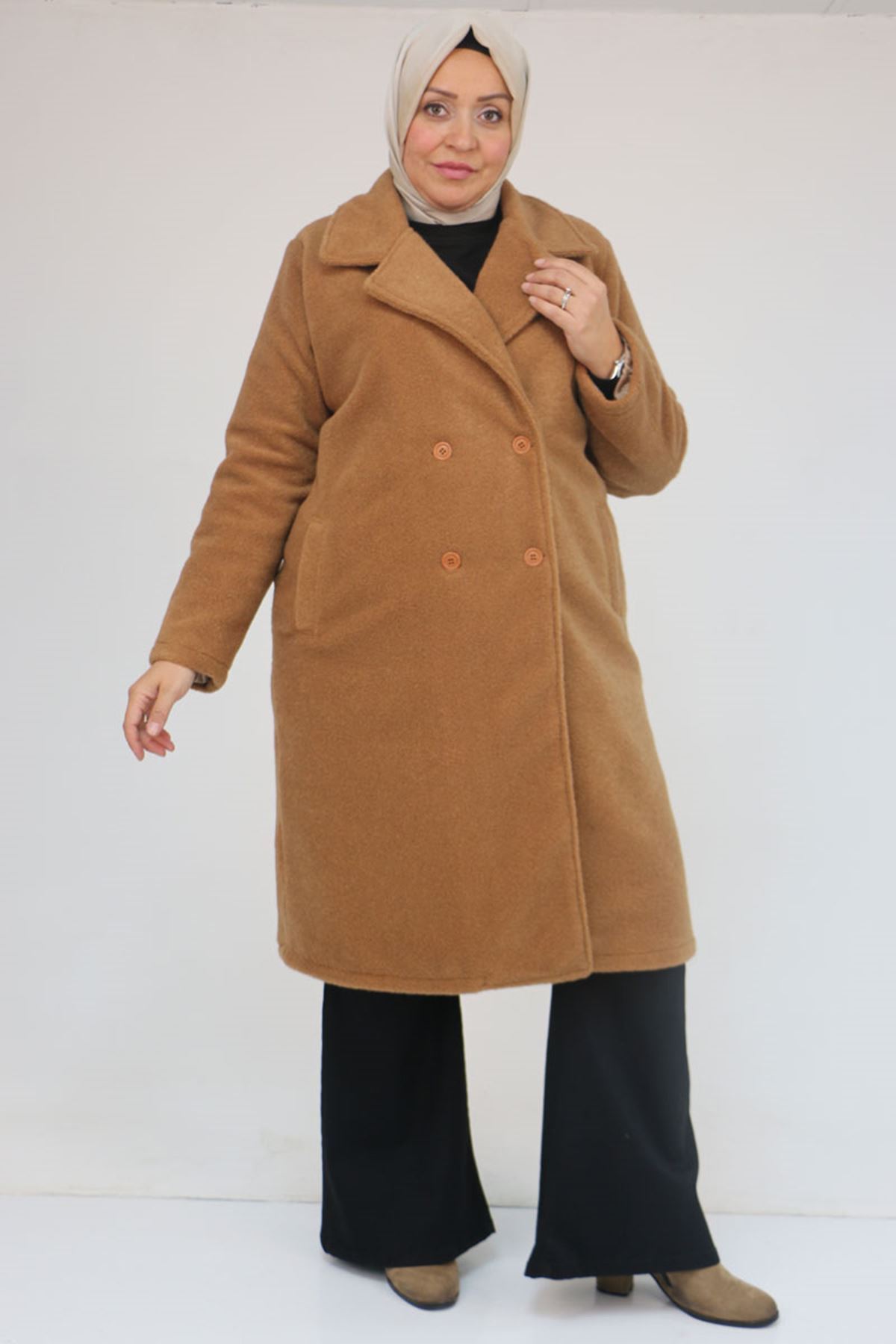 33059 Büyük Beden Düğme Detaylı Keçe Kaban - Taba