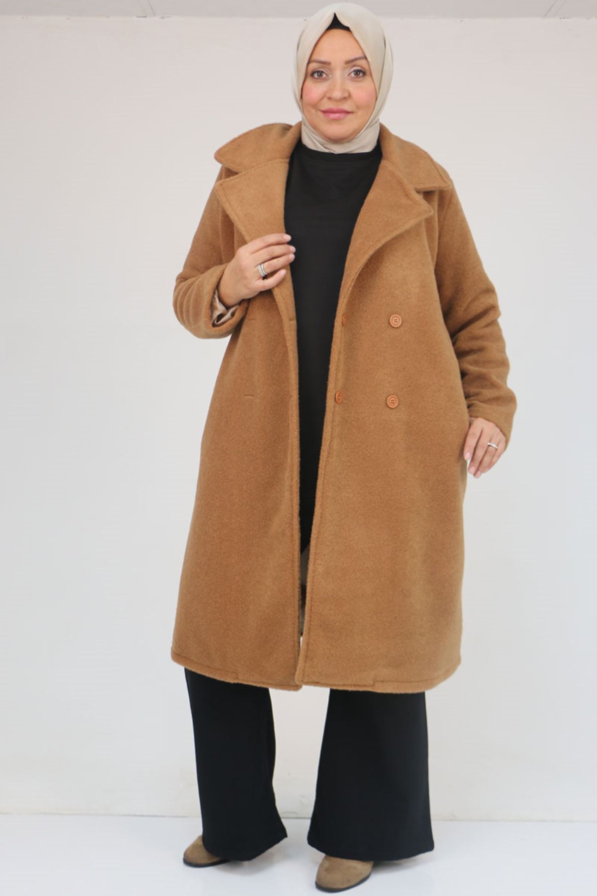 33059 Büyük Beden Düğme Detaylı Keçe Kaban - Taba