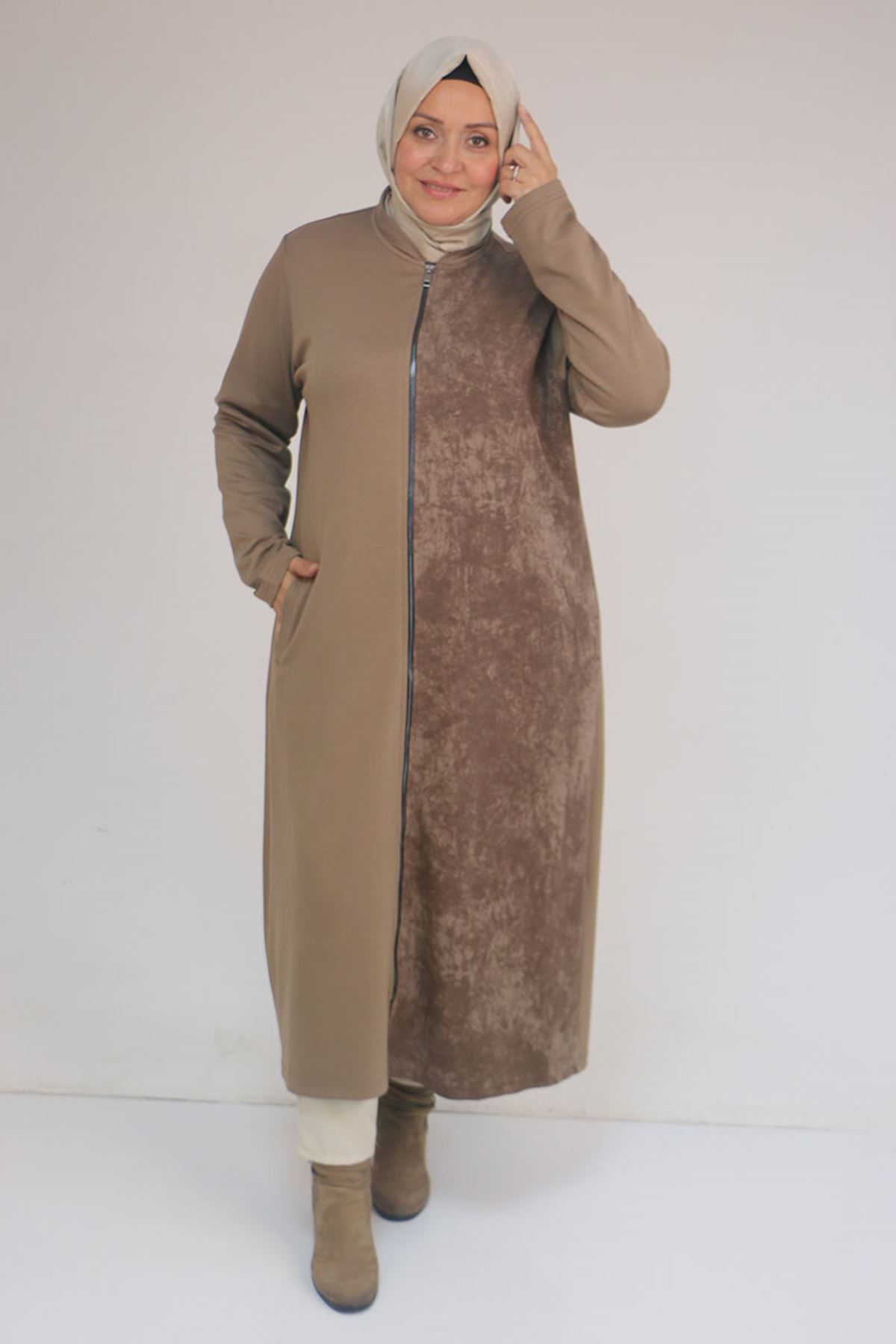 53058 Büyük Beden Fermuarlı Batik-Modal Ceket - Vizon