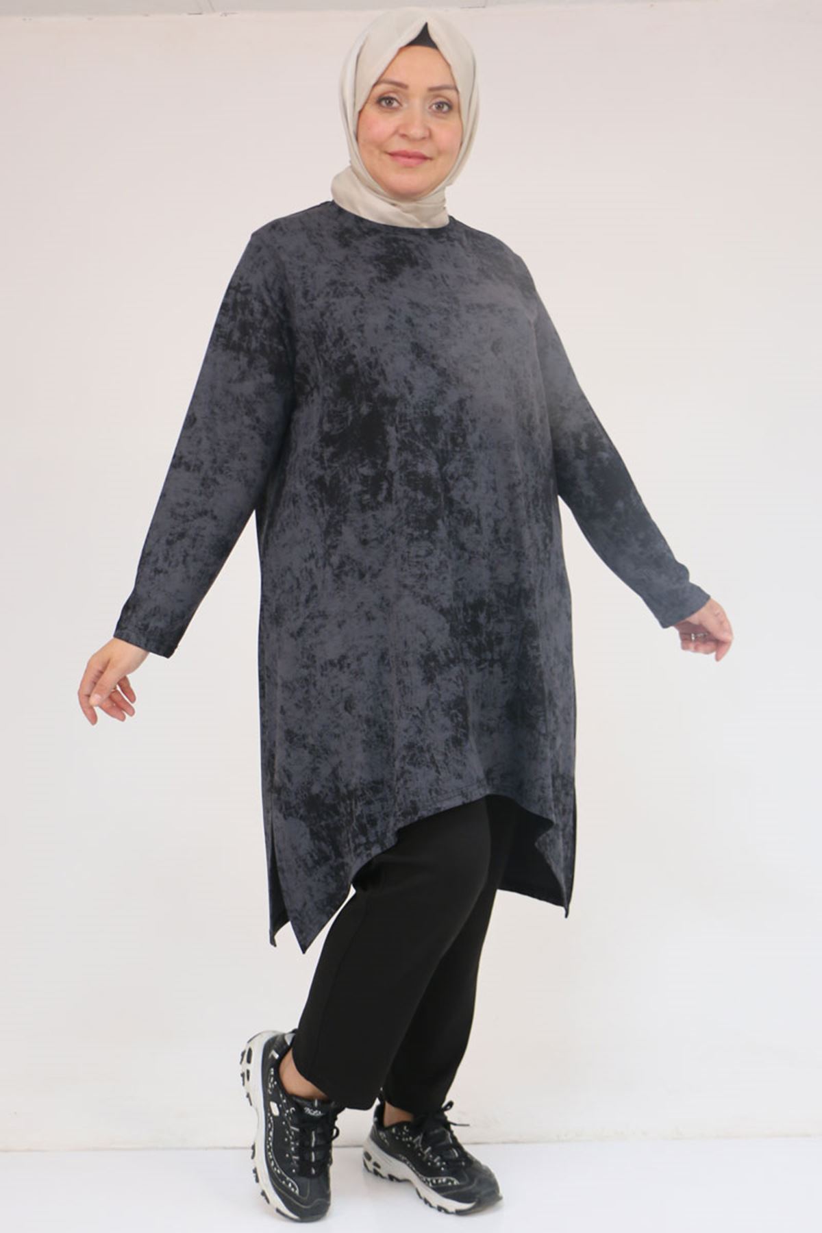 57070 Büyük Beden Önü Simetri Kesim Batik Pantolonlu Takım - Siyah