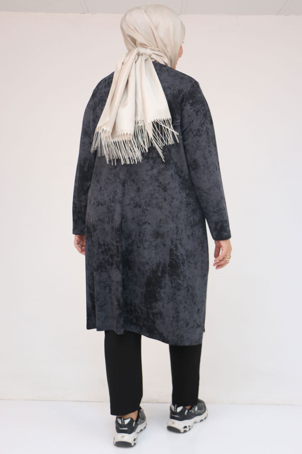 57070 Büyük Beden Önü Simetri Kesim Batik Pantolonlu Takım - Siyah