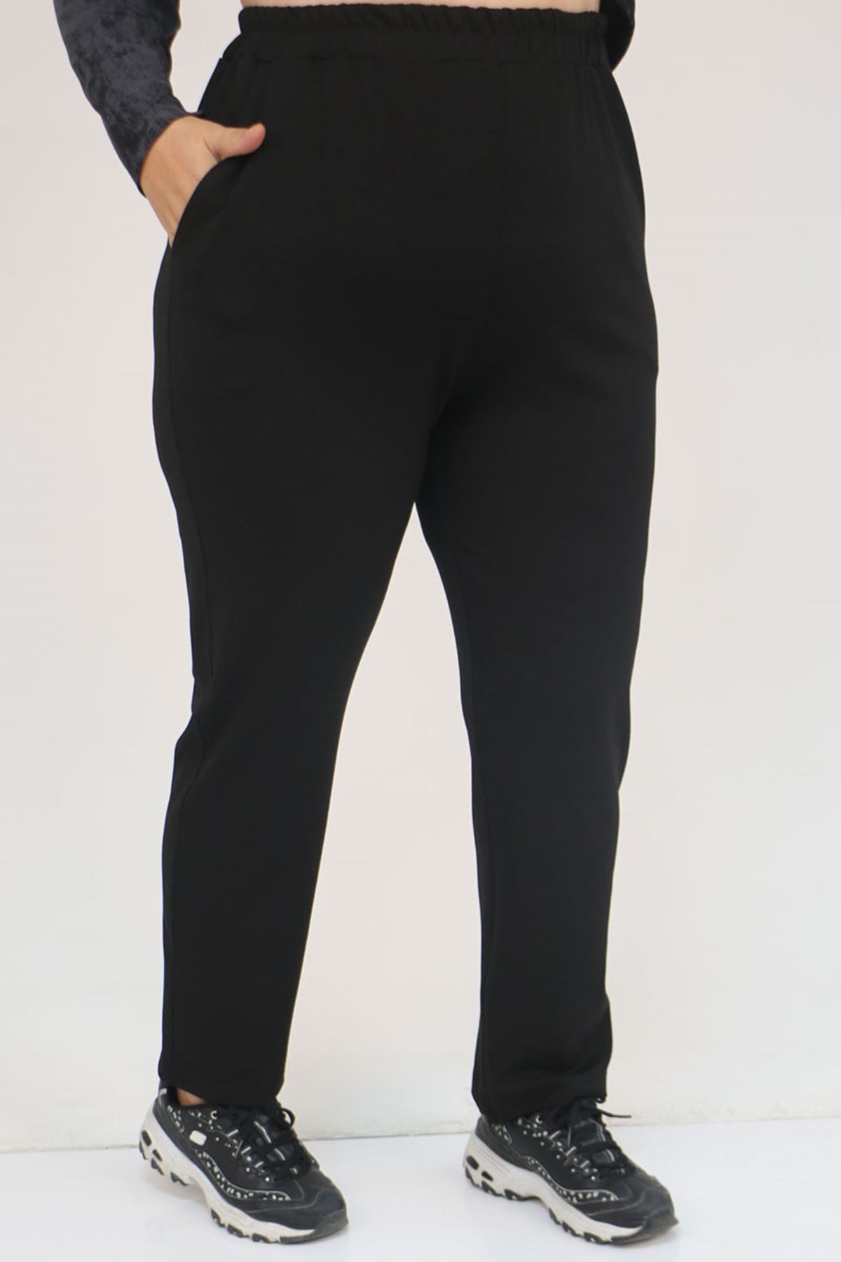 57070 Büyük Beden Önü Simetri Kesim Batik Pantolonlu Takım - Siyah