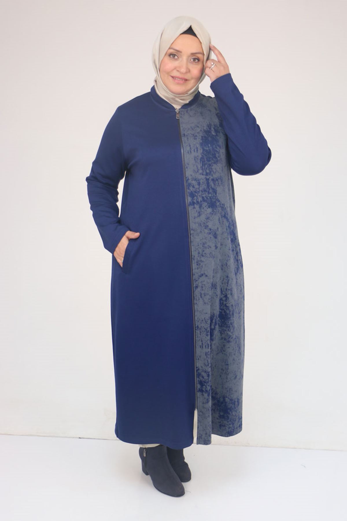 53058 Büyük Beden Fermuarlı Batik-Modal Ceket - İndigo