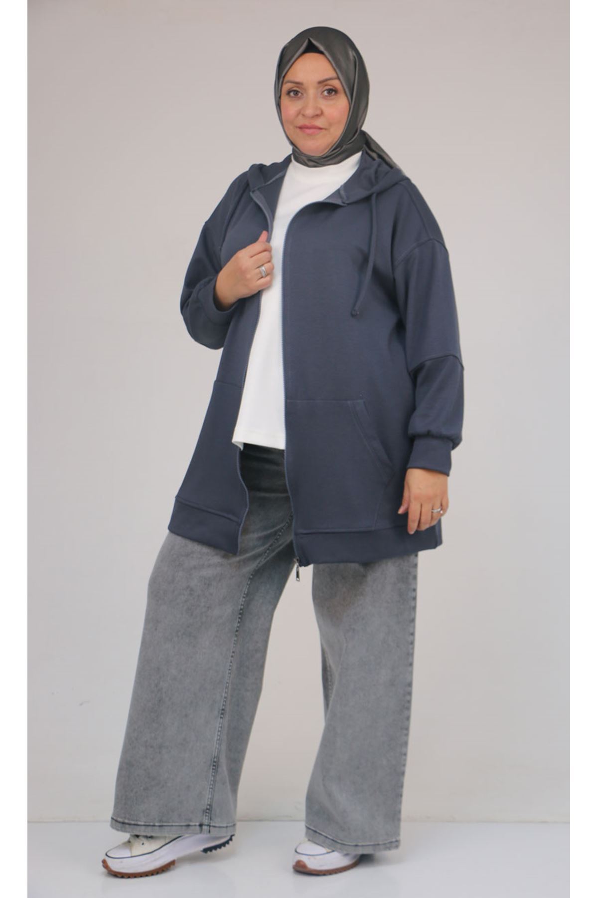 53057  Büyük Beden  Kapüşonlu Fermuarlı Modal Ceket - Antrasit