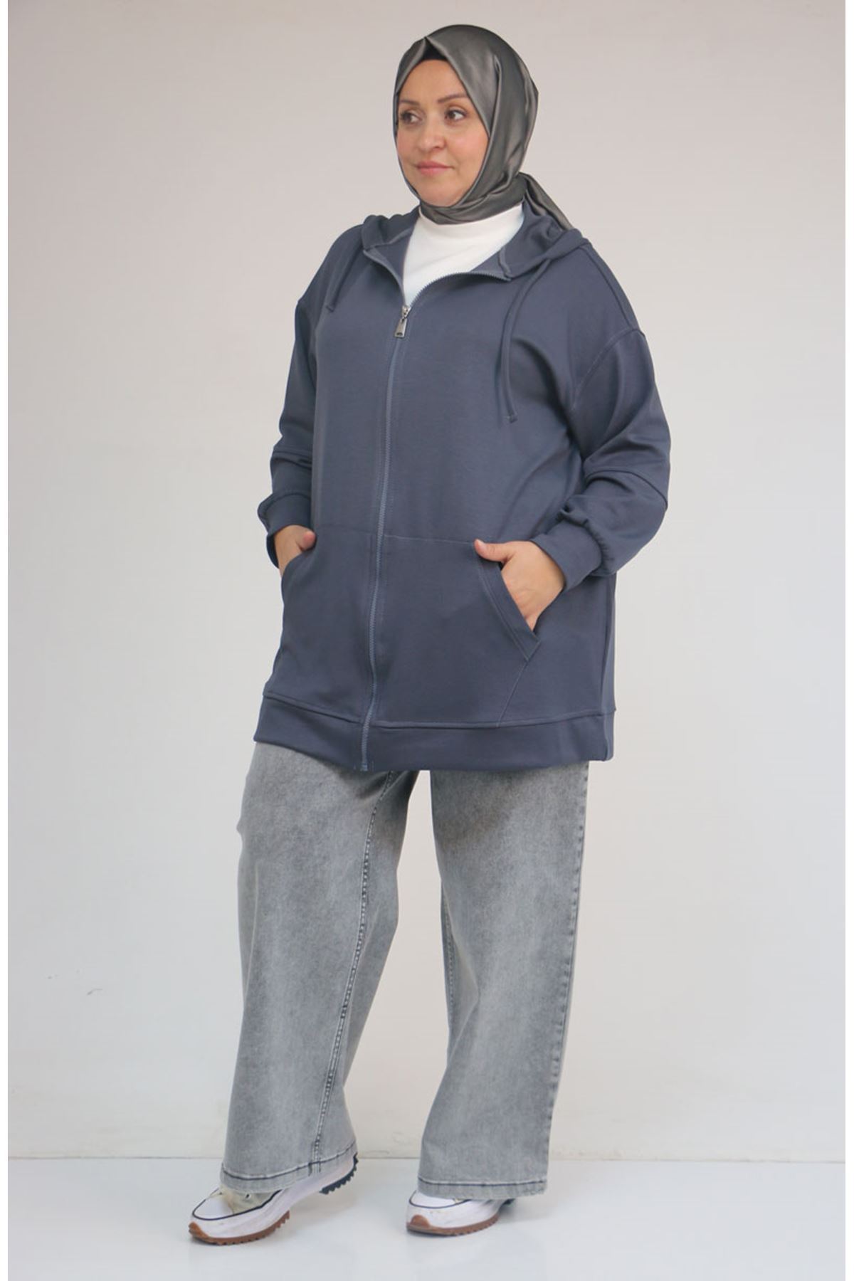 53057  Büyük Beden  Kapüşonlu Fermuarlı Modal Ceket - Antrasit