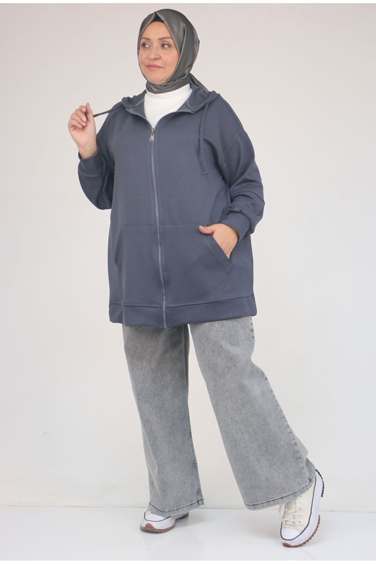 53057  Büyük Beden  Kapüşonlu Fermuarlı Modal Ceket - Antrasit