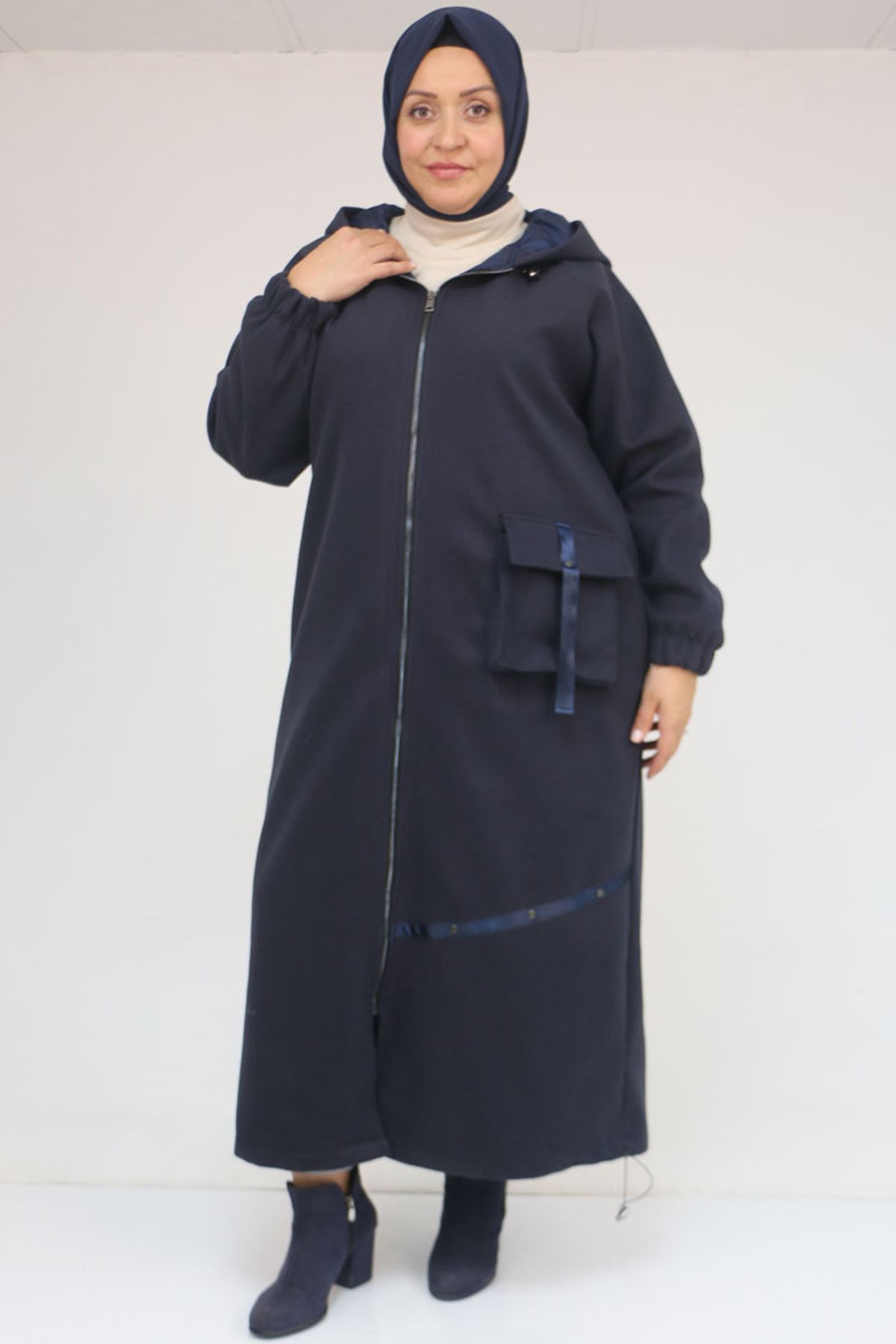 43082 Büyük Beden Eteği Bebe Lastikli Kaşe Kaban - Lacivert