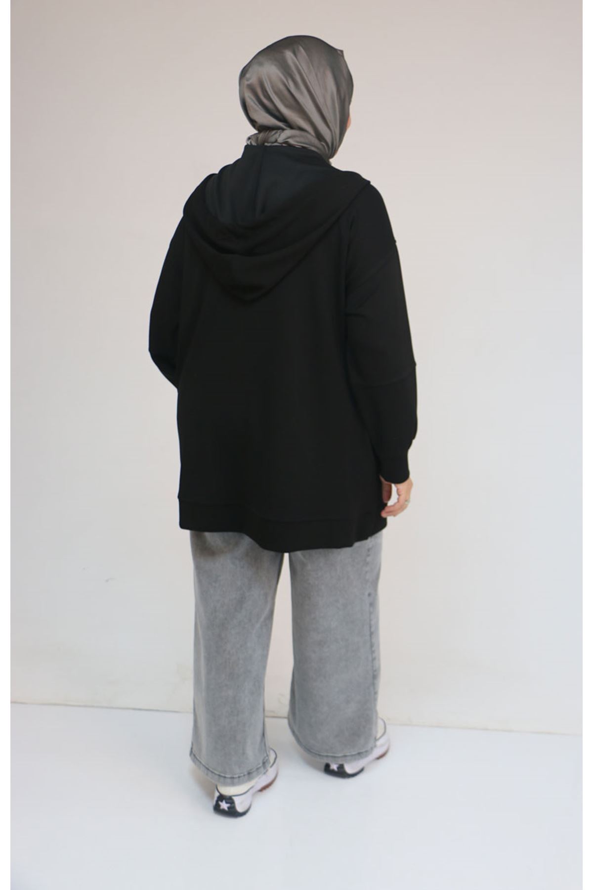 53057  Büyük Beden  Kapüşonlu Fermuarlı Modal Ceket - Siyah