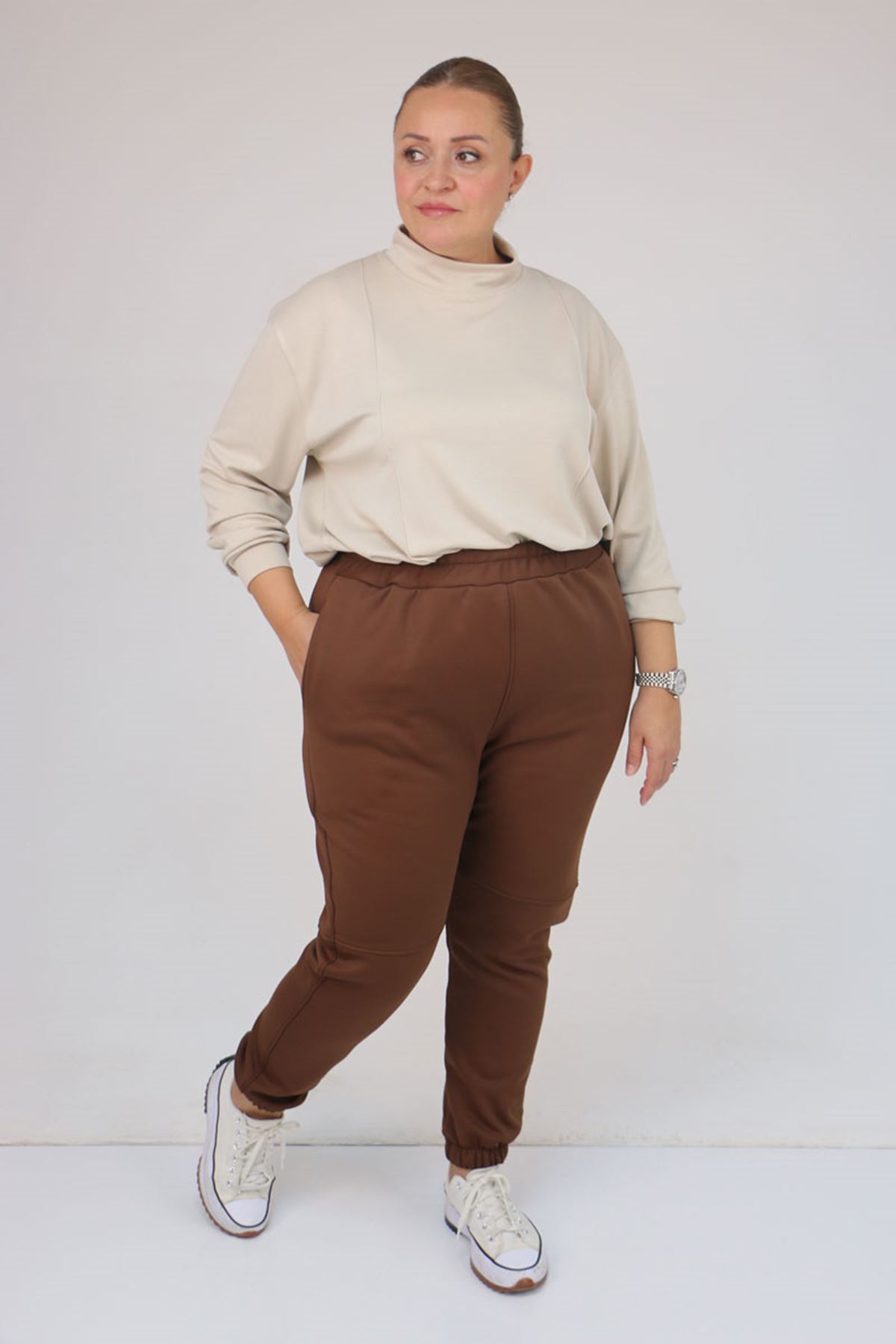 59508 Büyük Beden Parçalı Beli Lastikli Tayt - Kahve