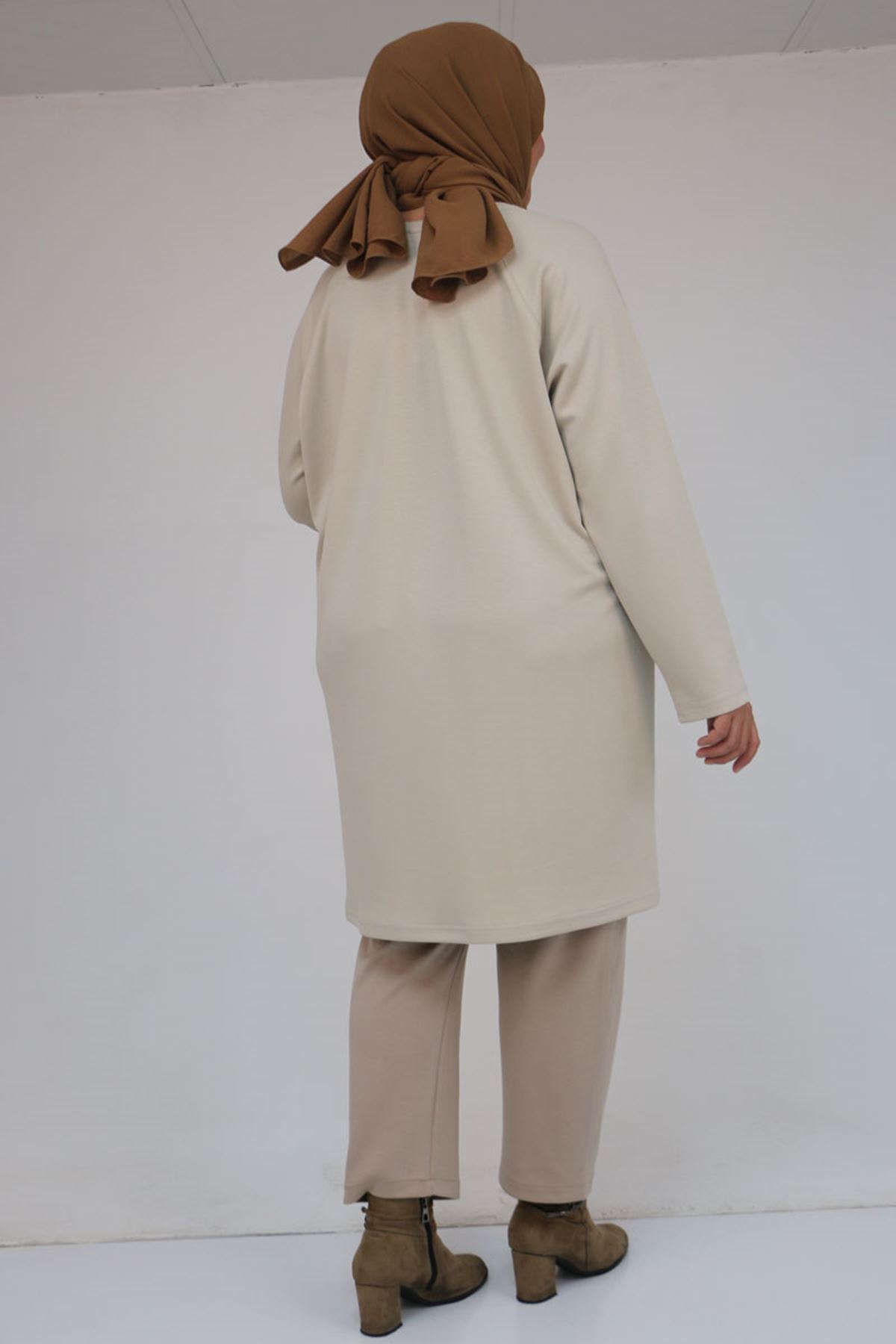 58162 Büyük Beden Garnili Modal Tunik - Bej