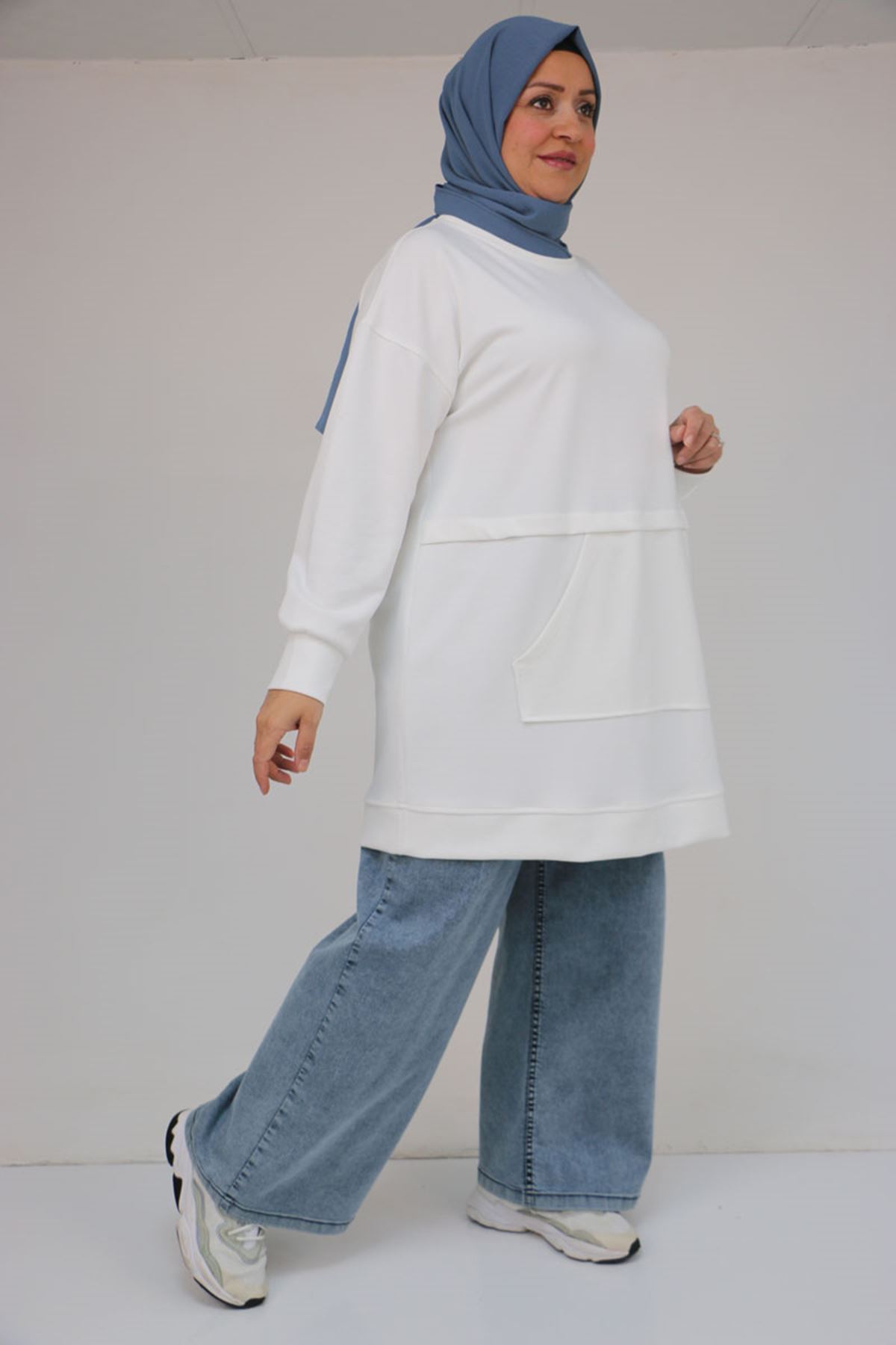 58133 Büyük Beden Kanguru Cepli Modal Tunik - Ekru