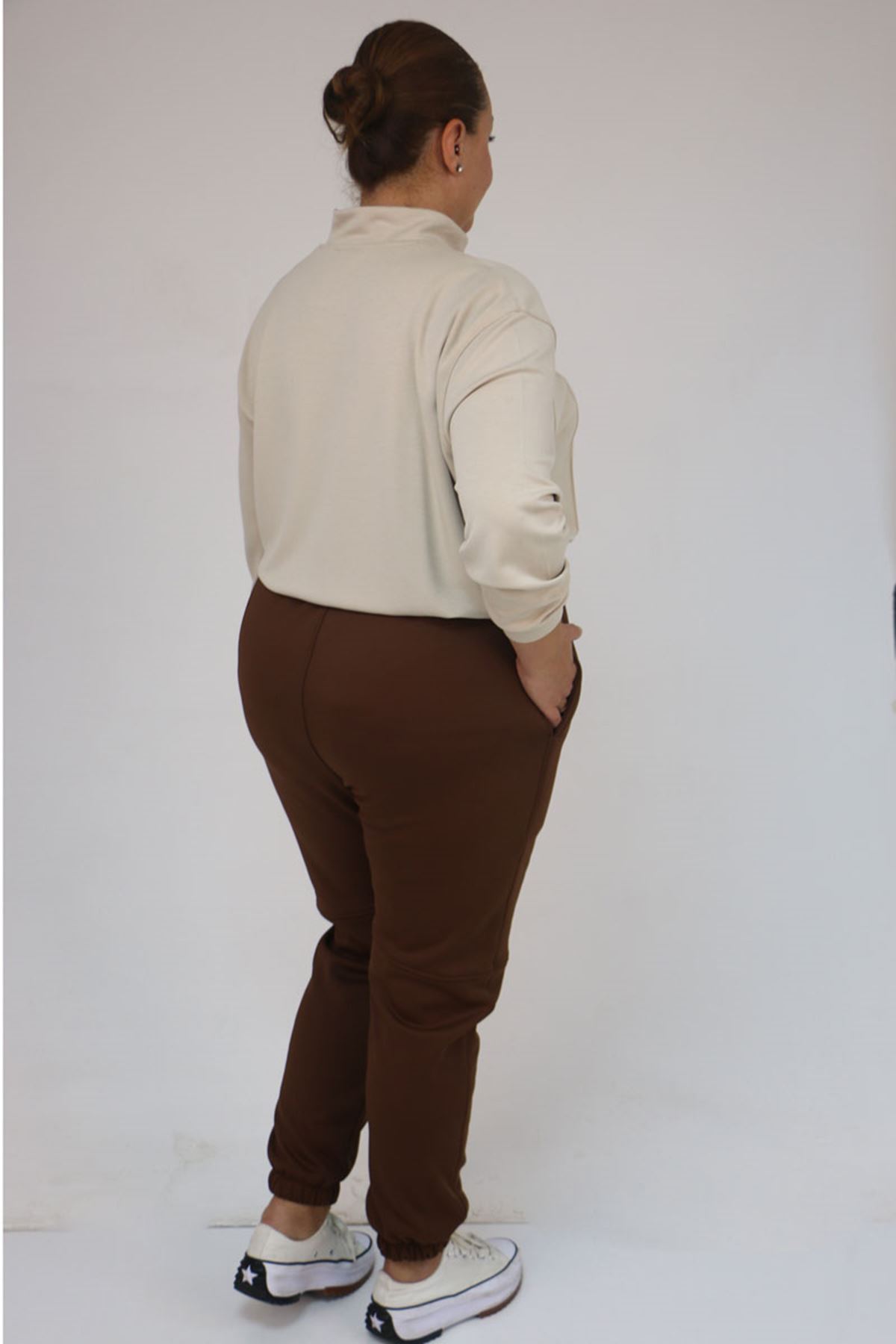 59508 Büyük Beden Parçalı Beli Lastikli Tayt - Kahve