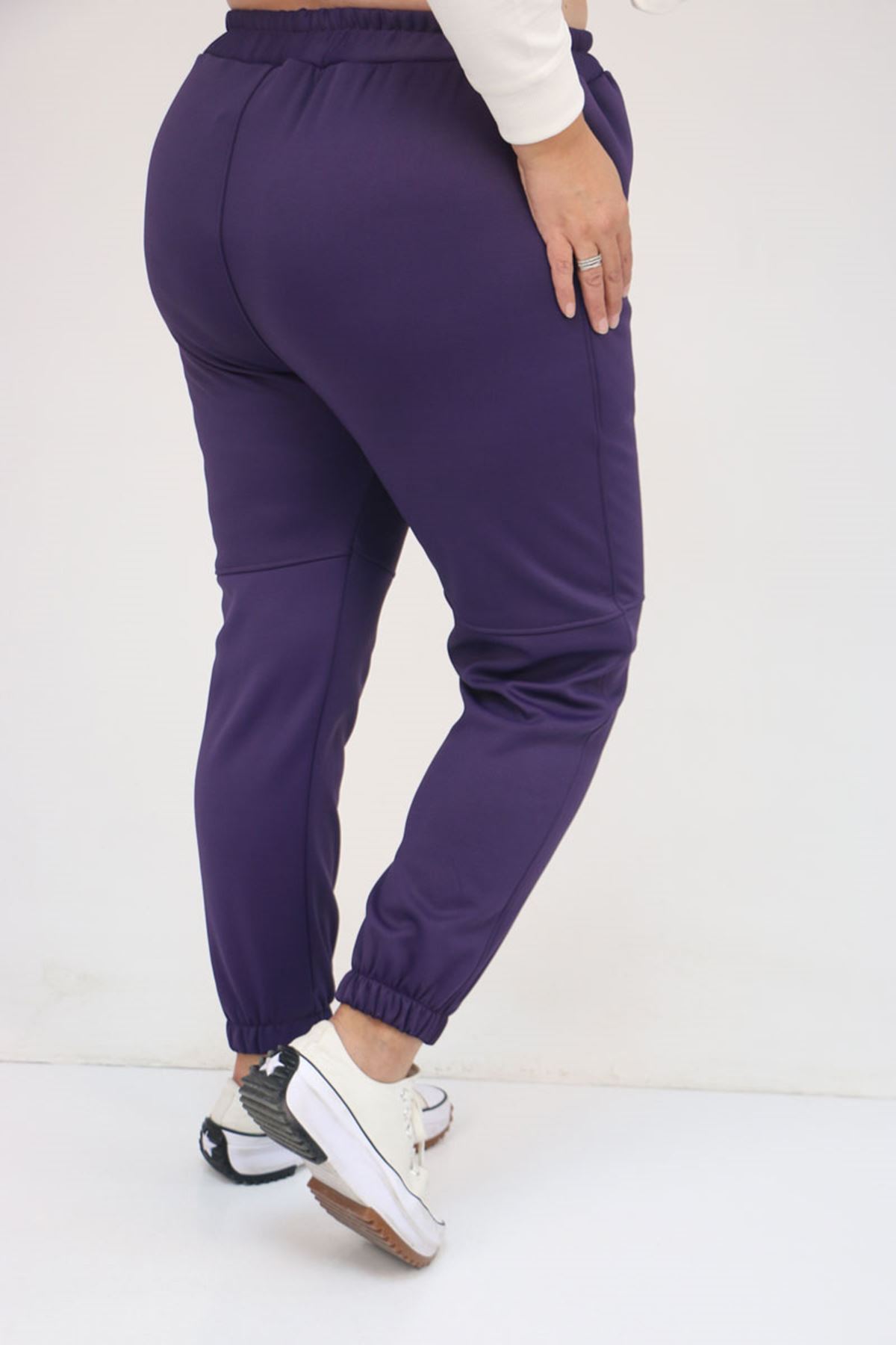 59508 Büyük Beden Parçalı Beli Lastikli Tayt - Mor