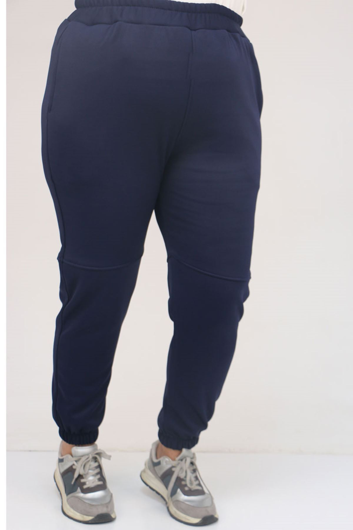 59508 Büyük Beden Parçalı Beli Lastikli Tayt - Lacivert