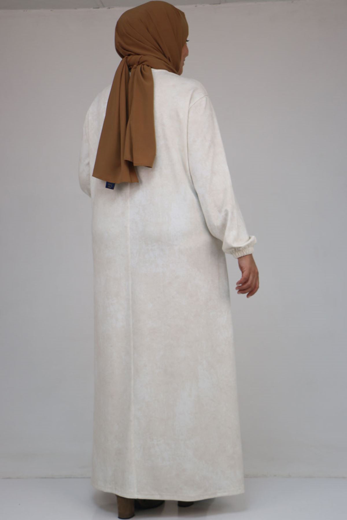 52030 Büyük Beden Kolu Lastikli Modal Elbise - Batik Ekru