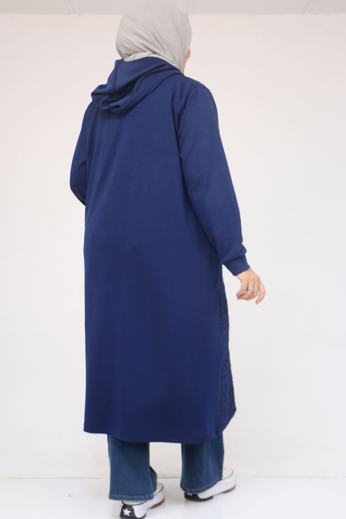 53045 Büyük Beden Kolları Lastikli Modal-Kapitone Kap - Lacivert