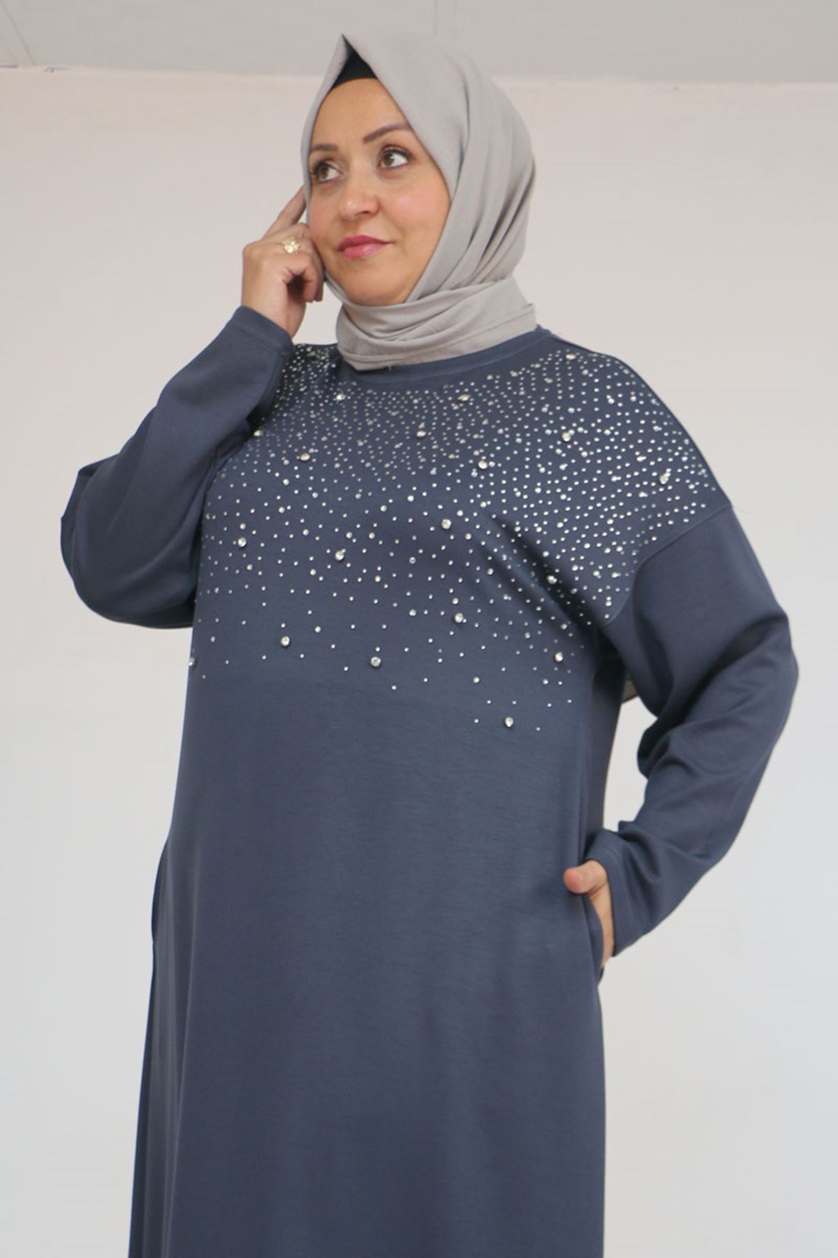 42033 Büyük Beden Yandan Cepli Modal Elbise - Antrasit