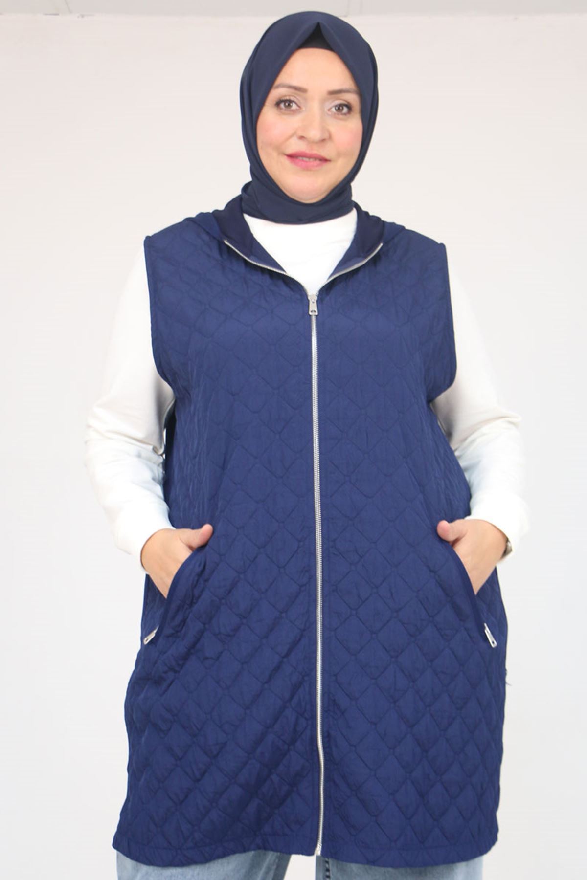 54011 Büyük Beden Cepleri Fermuarlı Modal - Kapitone Yelek - İndigo