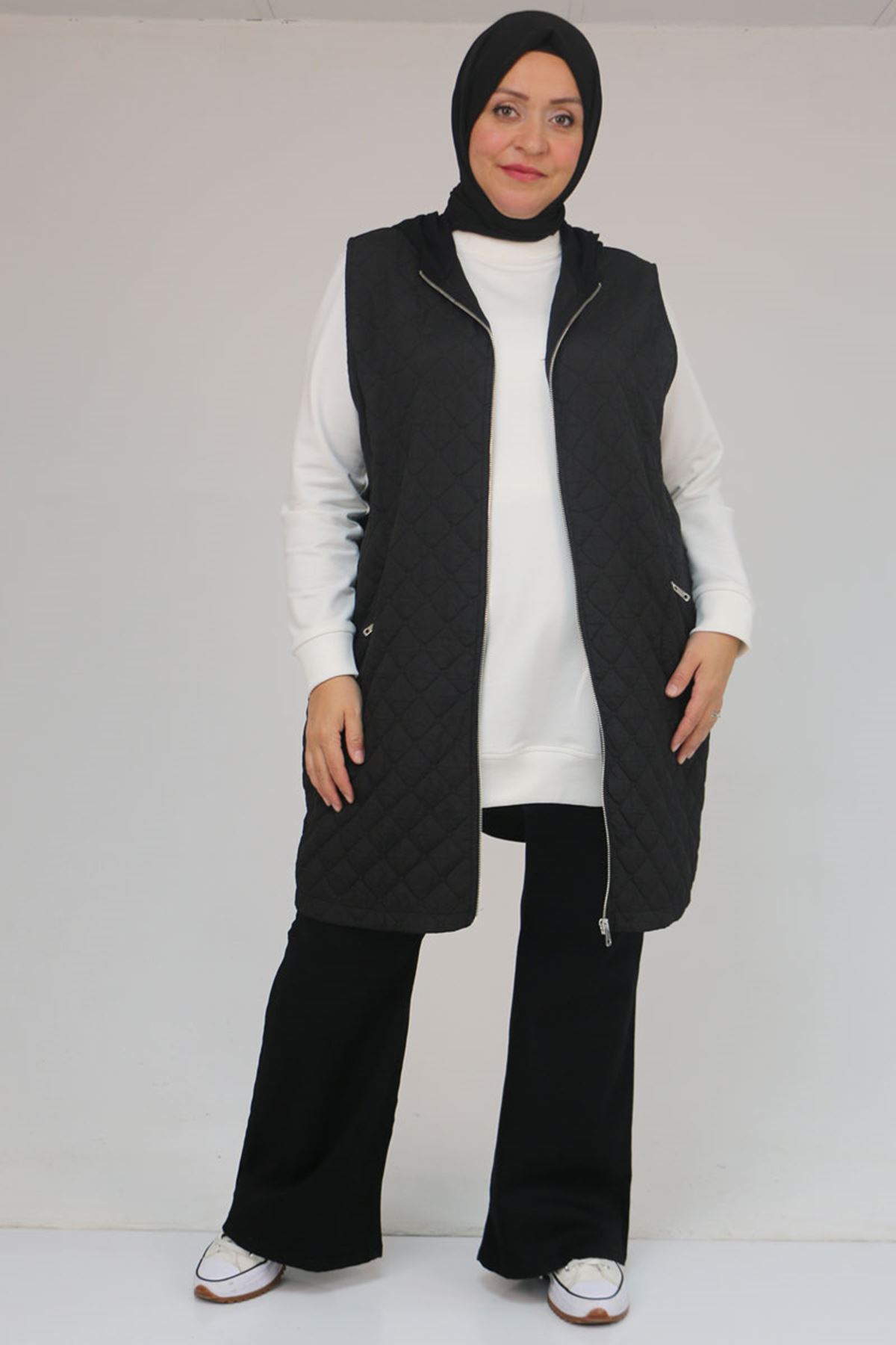 54011 Büyük Beden Cepleri Fermuarlı Modal - Kapitone Yelek - Siyah