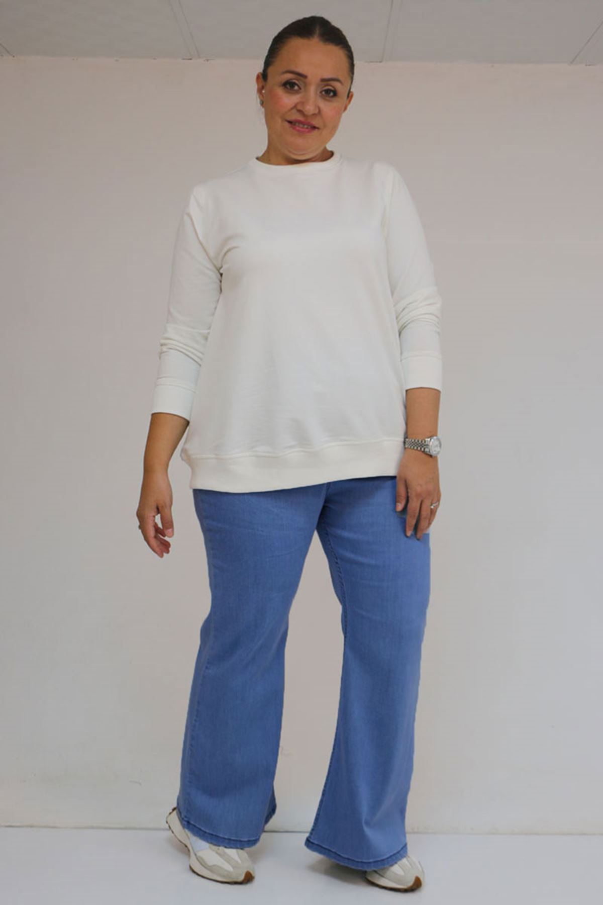 9137-19 Büyük Beden Beli Lastikli İspanyol Paça Kot Pantolon - Açık Mavi