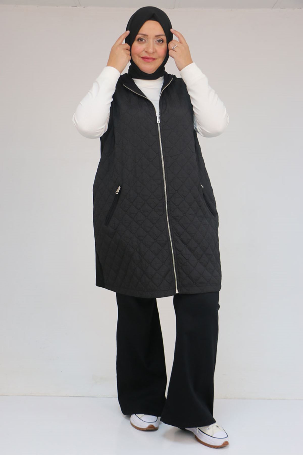 54011 Büyük Beden Cepleri Fermuarlı Modal - Kapitone Yelek - Siyah