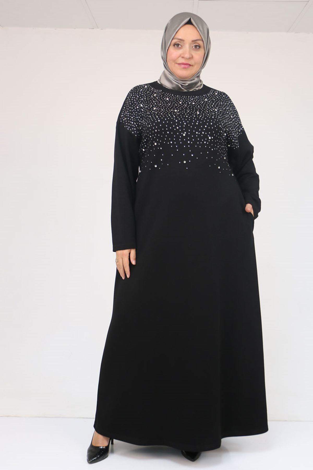 42033 Büyük Beden Yandan Cepli Modal Elbise - Siyah