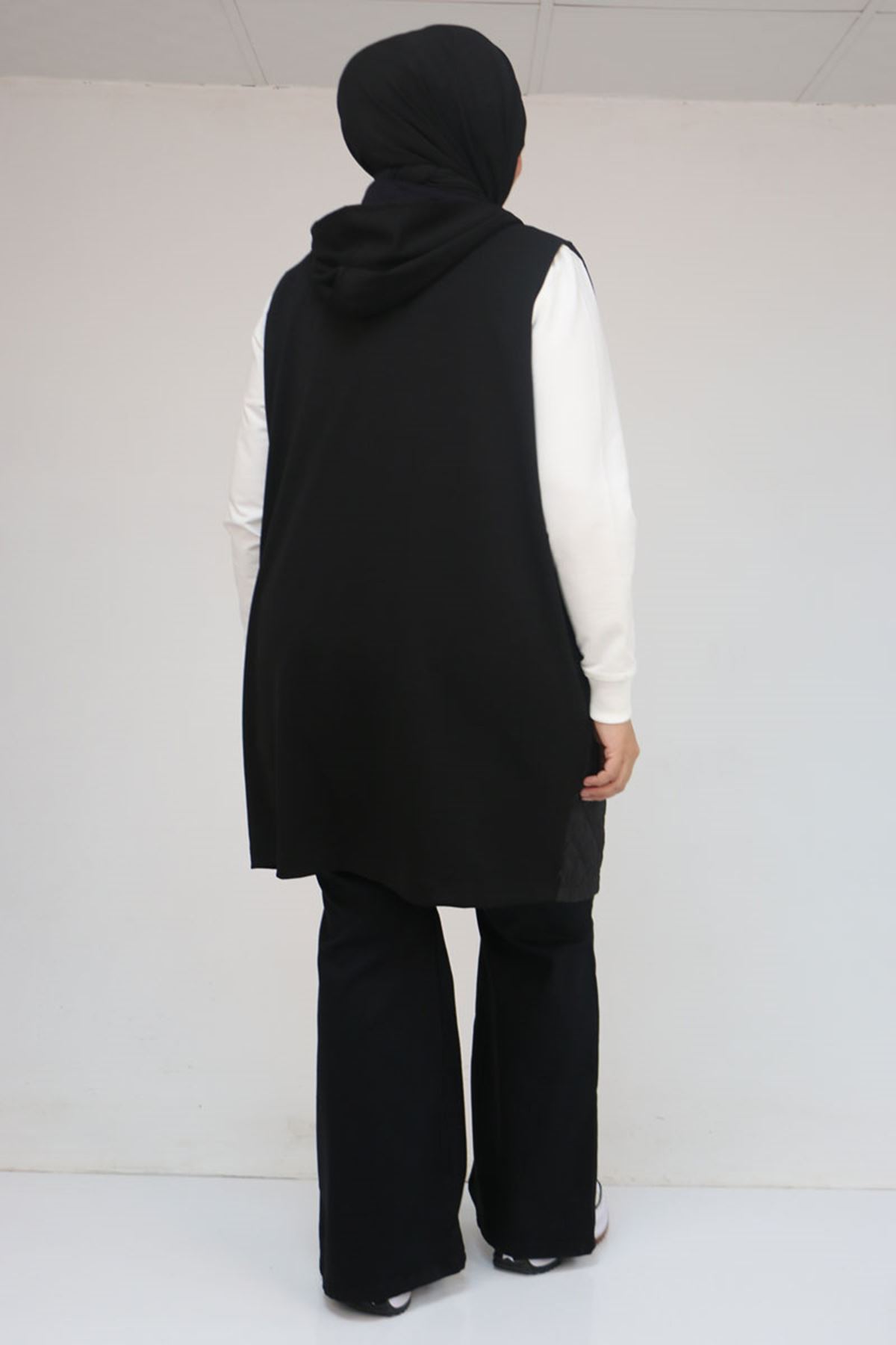 54011 Büyük Beden Cepleri Fermuarlı Modal - Kapitone Yelek - Siyah