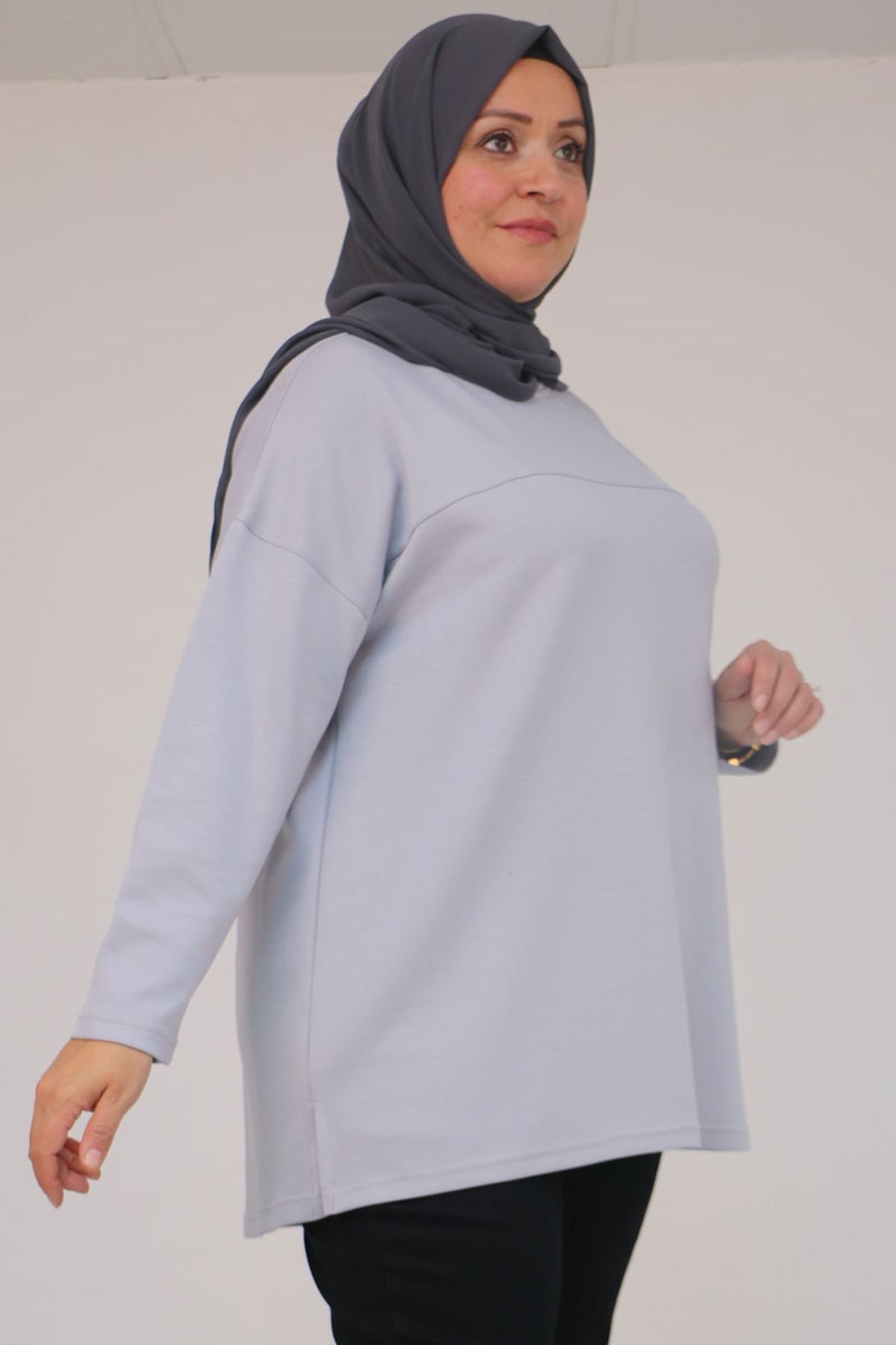 58132 Büyük Beden Önü Çıma Detaylı Yanı Yırtmaçlı Modal Tunik - Gri