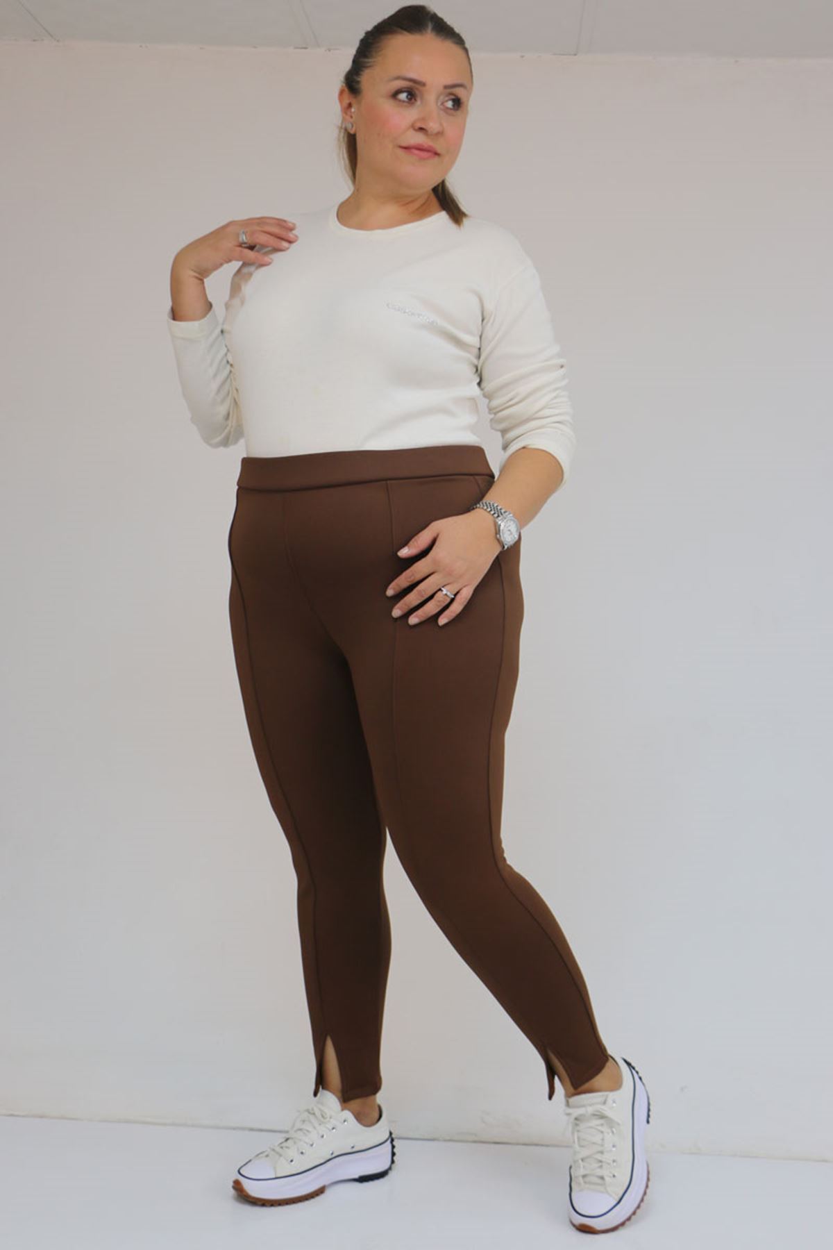 59507 Büyük Beden Önü Yırtmaçlı İçi Şardonlu Tayt - Kahve