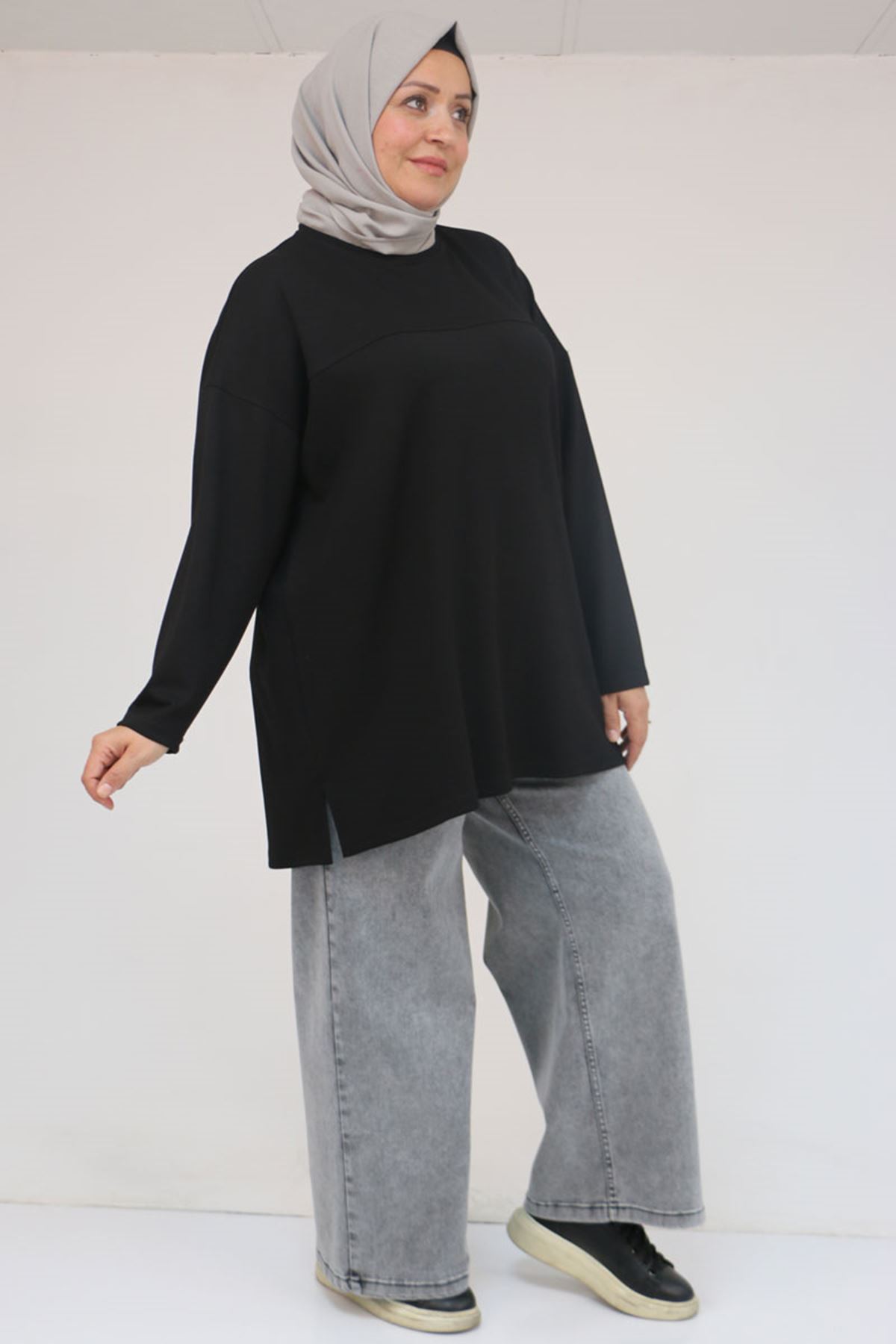 58132 Büyük Beden Önü Çıma Detaylı Yanı Yırtmaçlı Modal Tunik - Siyah