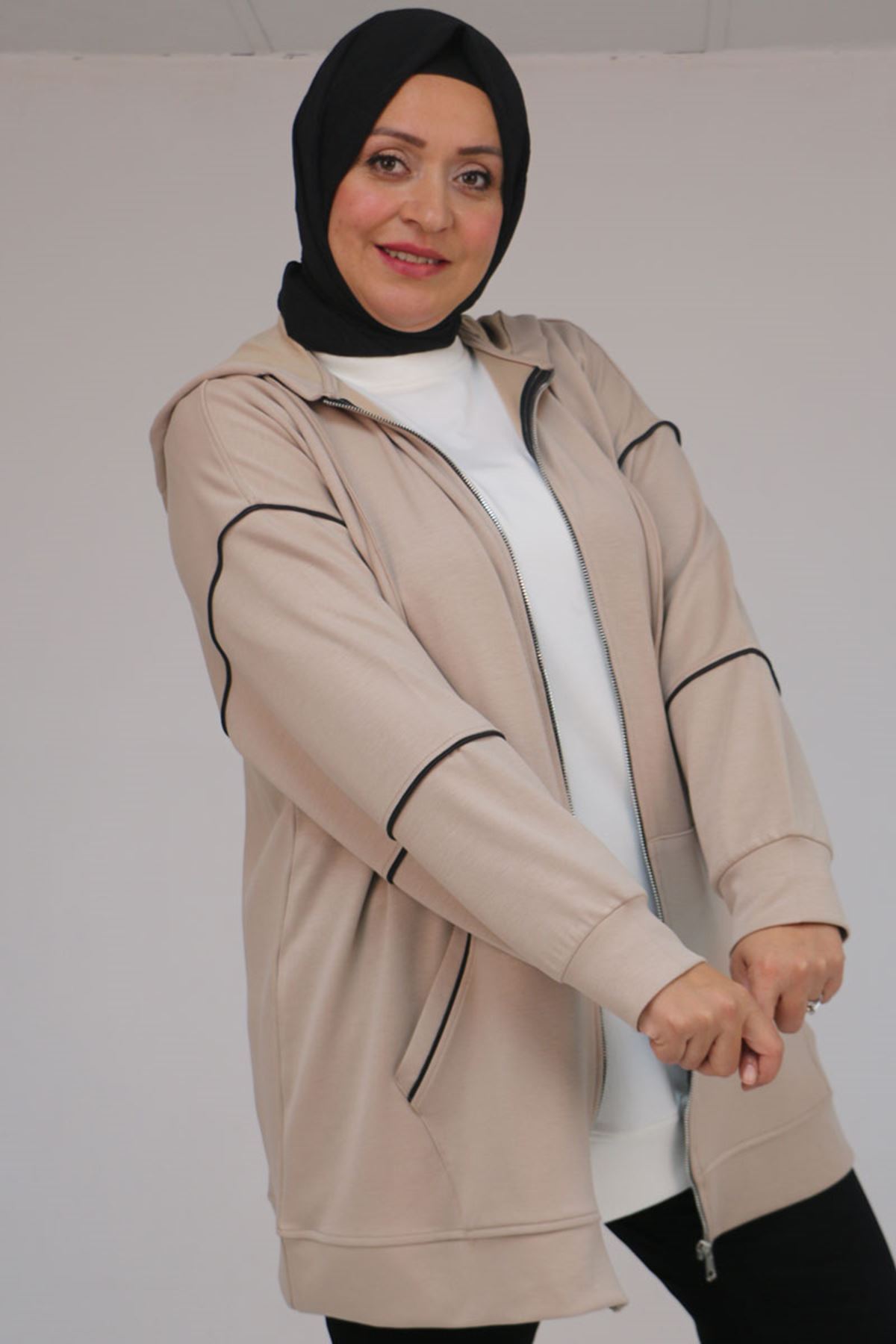 43072 Büyük Beden Waterport Biyeli Modal Ceket - Bej