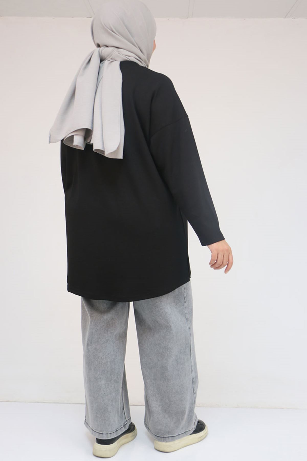 58132 Büyük Beden Önü Çıma Detaylı Yanı Yırtmaçlı Modal Tunik - Siyah