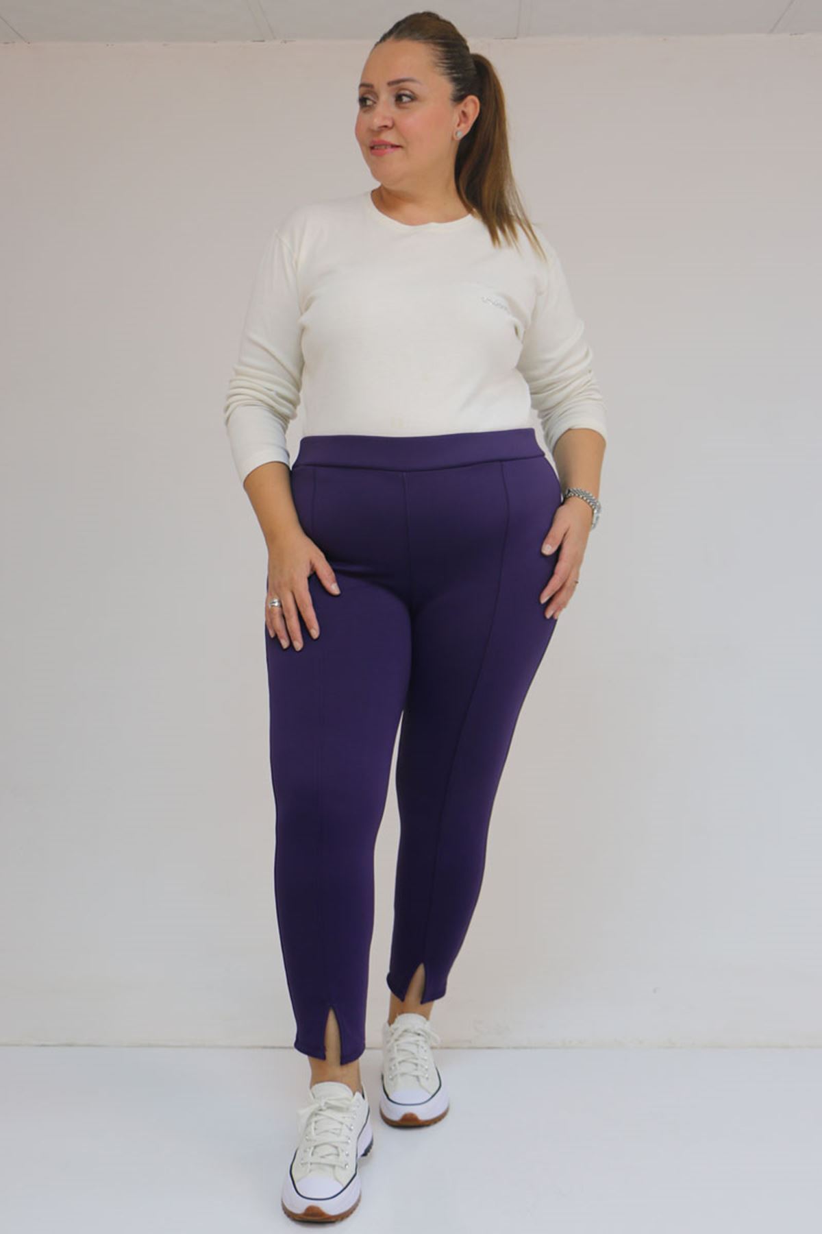 59507 Büyük Beden Önü Yırtmaçlı İçi Şardonlu Tayt - Mor