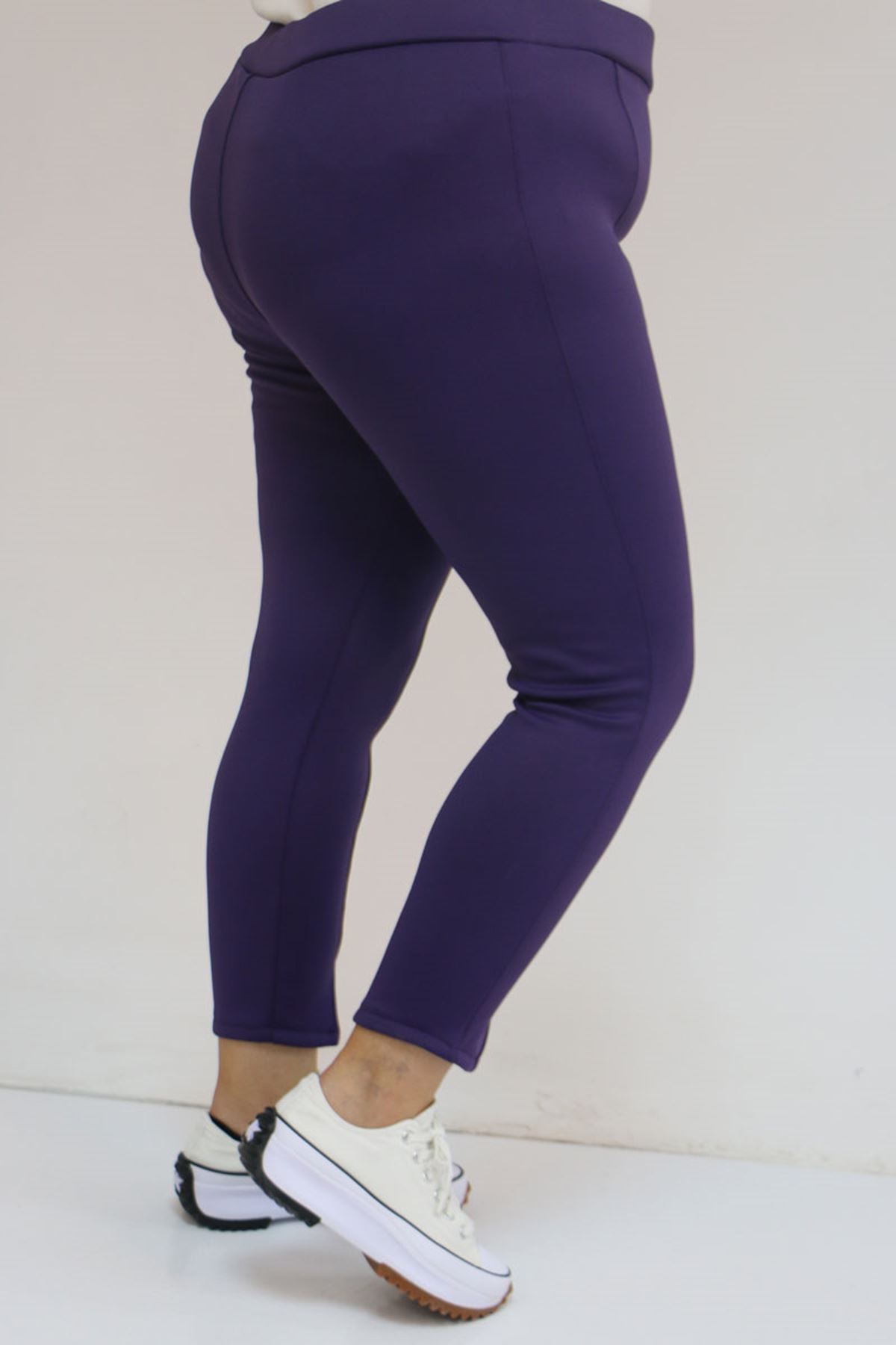 59507 Büyük Beden Önü Yırtmaçlı İçi Şardonlu Tayt - Mor