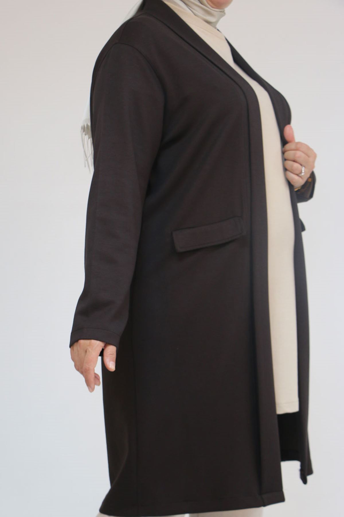 53048 Büyük Beden Cepli Uzun Modal Ceket - Kahve