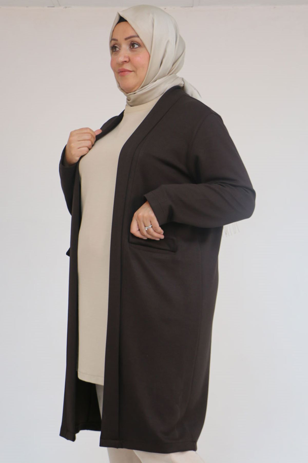 53048 Büyük Beden Cepli Uzun Modal Ceket - Kahve