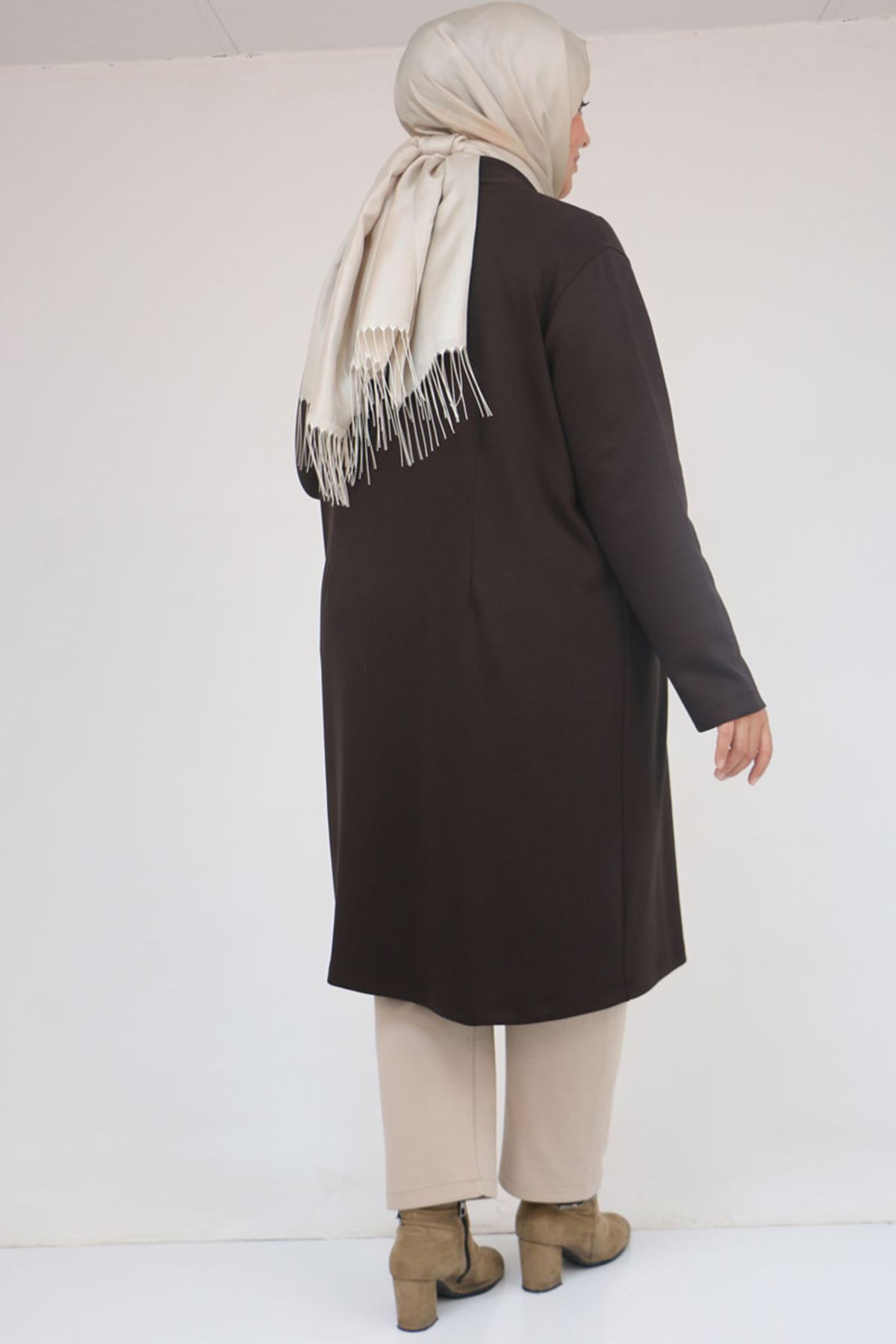 53048 Büyük Beden Cepli Uzun Modal Ceket - Kahve