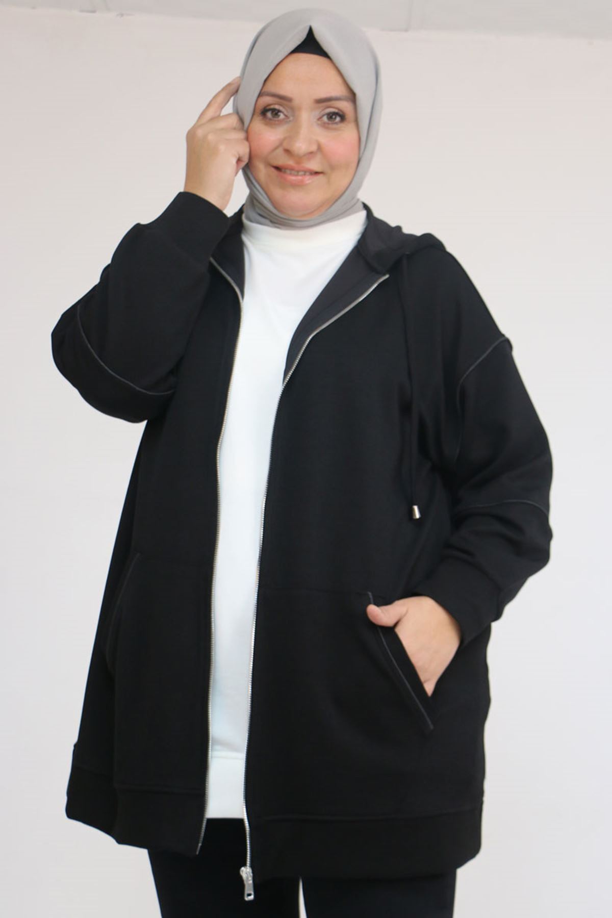 43072 Büyük Beden Waterport Biyeli Modal Ceket - Siyah