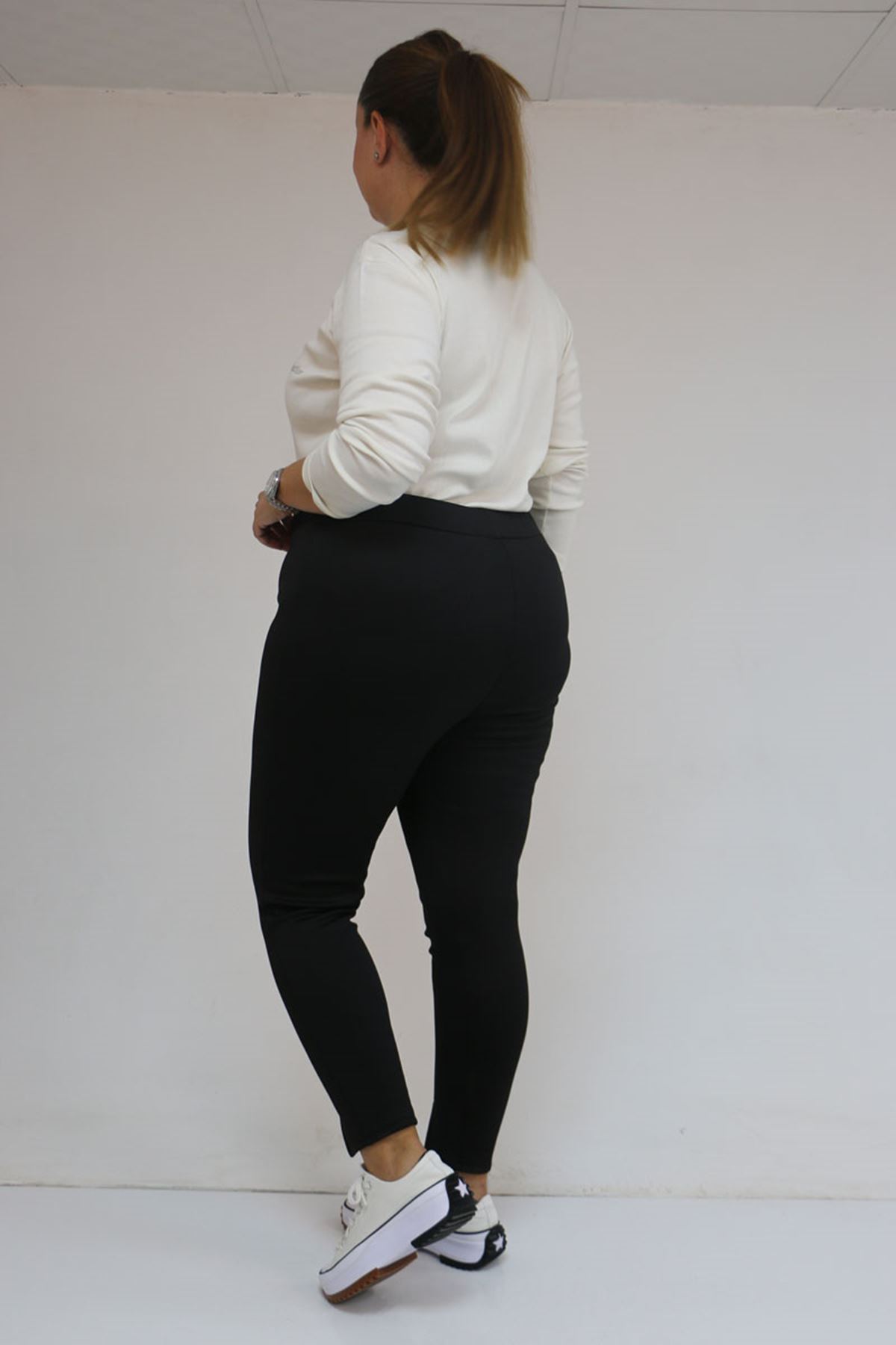 59507 Büyük Beden Önü Yırtmaçlı İçi Şardonlu Tayt - Siyah